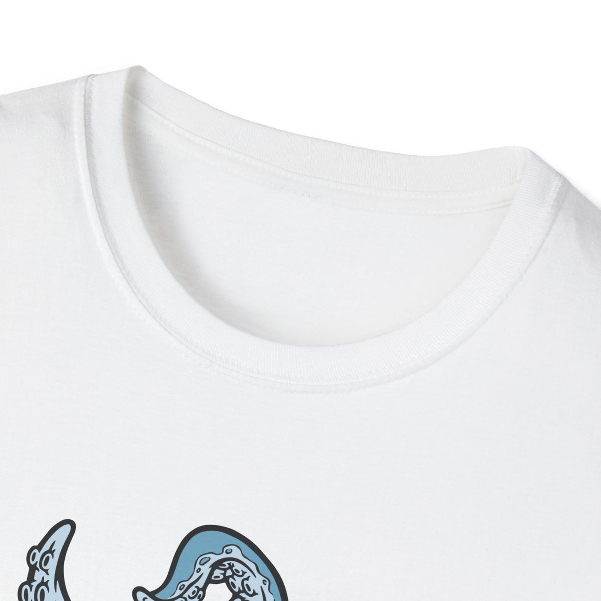 'Octopus Comes Out of the Bag' t-shirt in white, close-up of neckline and print, camping gift idea
