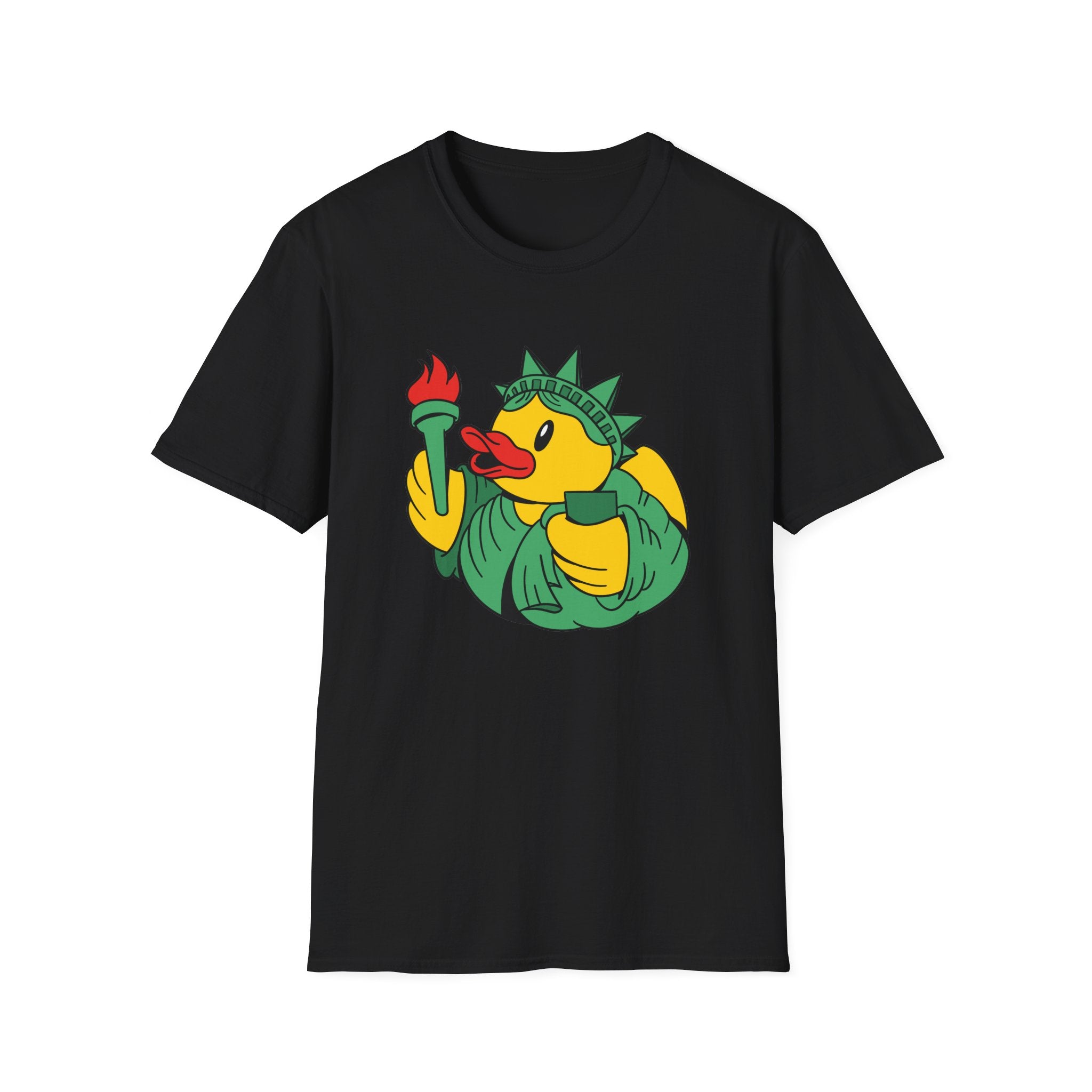 The Liberty Duck T-Shirt showcases a cartoon duck dressed as the Statue of Liberty with a torch and crown. Ideal for nerd gatherings, it's made from ultra-soft cotton for maximum comfort.
