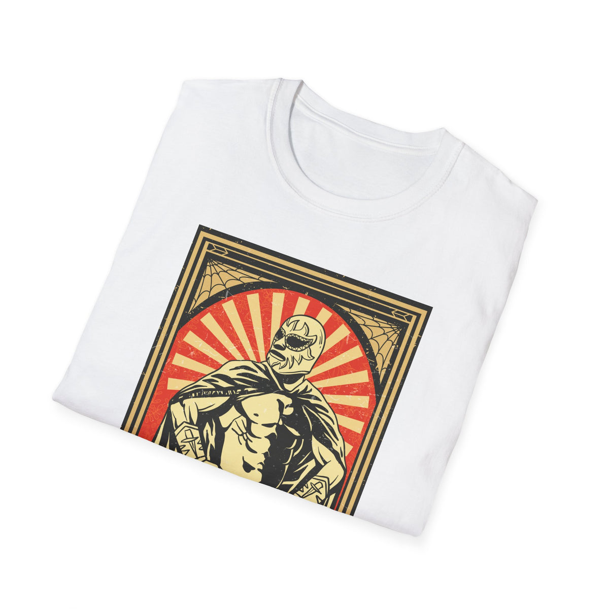 'Mexican Wrestler' retro poster print folded on white t-shirt, funny lucha libre gift idea