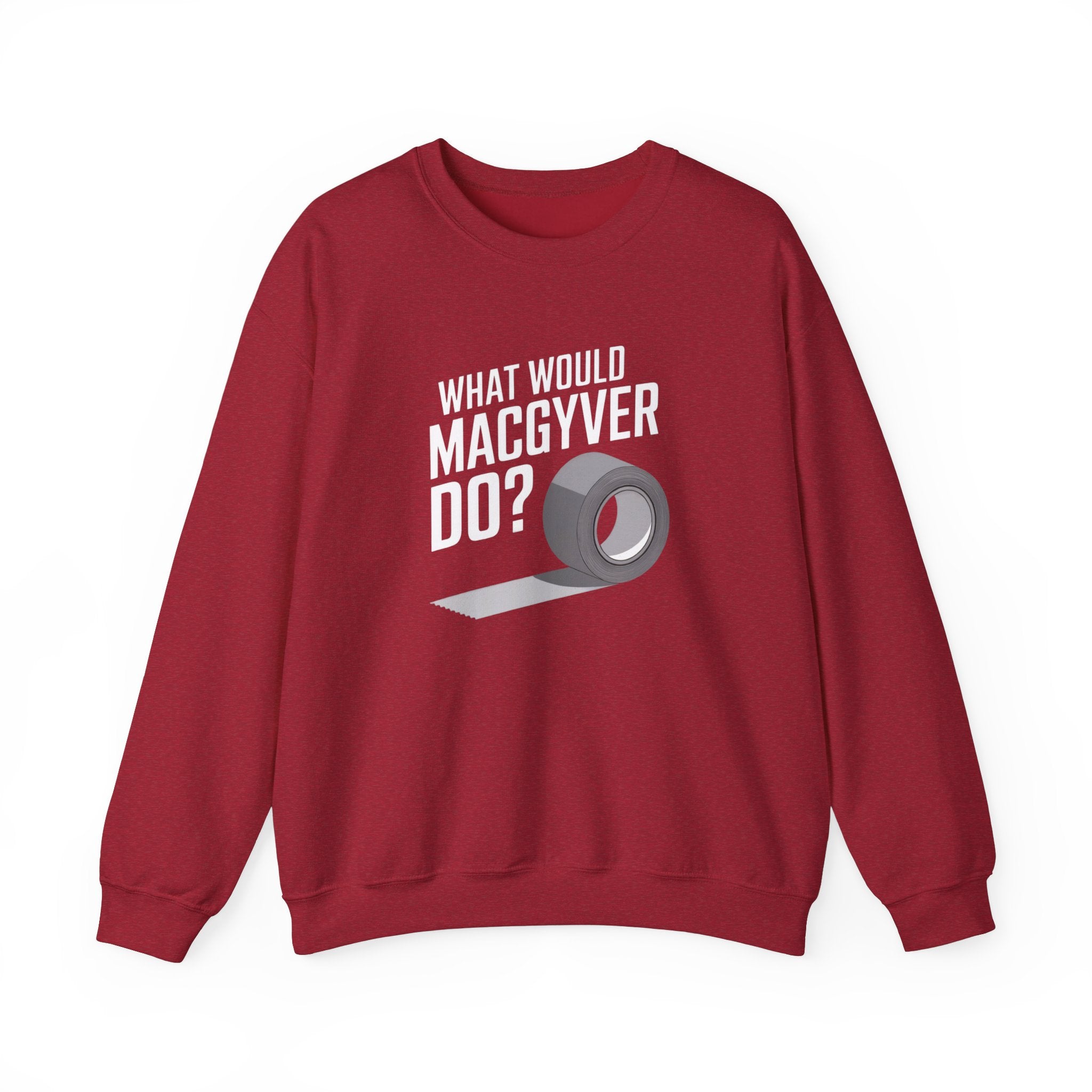 The "What Would MacGyver Do" Sweatshirt in red features geek-chic style with the iconic phrase above a duct tape illustration, offering ultimate cozy comfort.