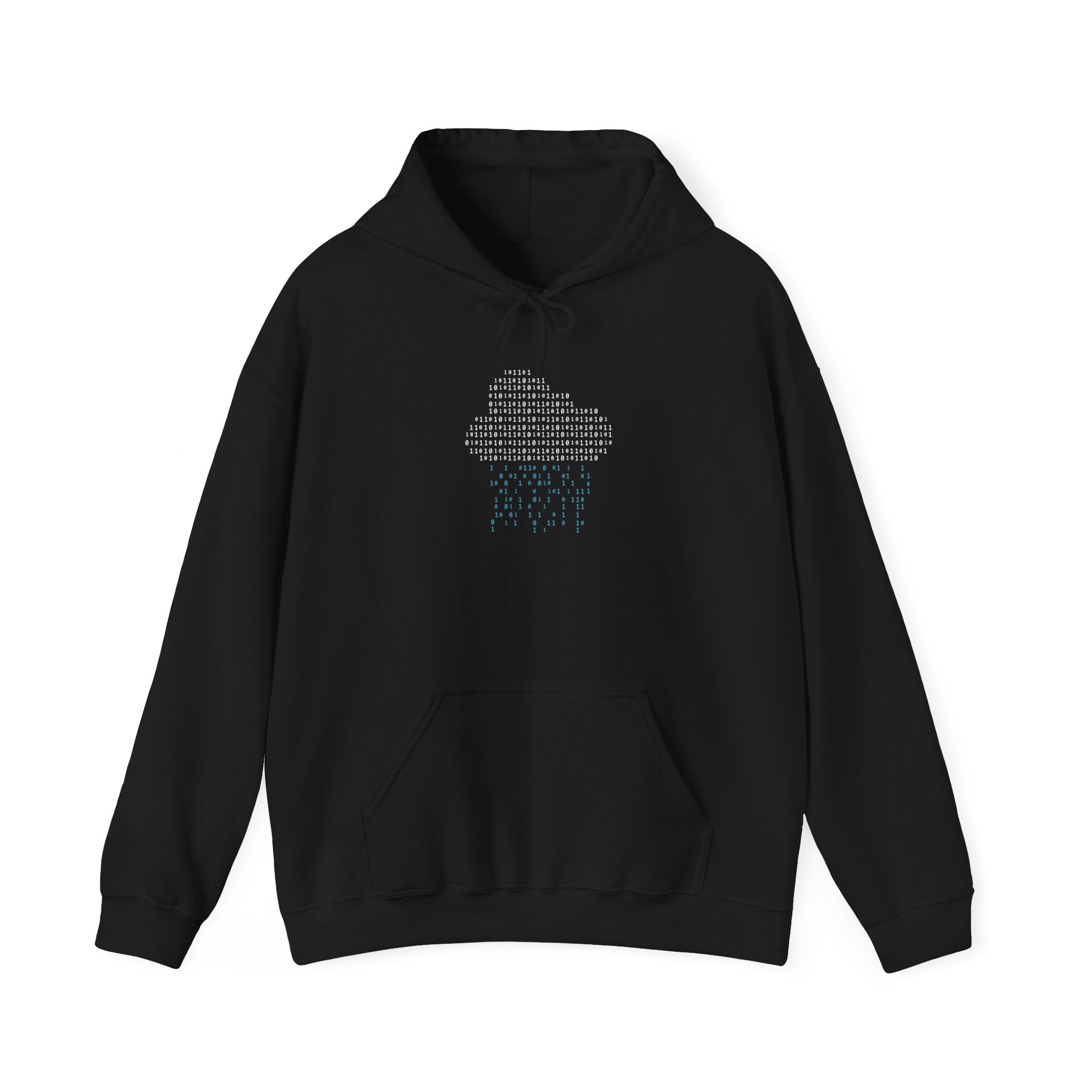 The Binary Rain Cloud - Hooded Sweatshirt is a black hoodie with a minimalist cloud and blue dotted rain on the front—ideal for coding marathons or anyone who loves a nerdy, stylish look.
