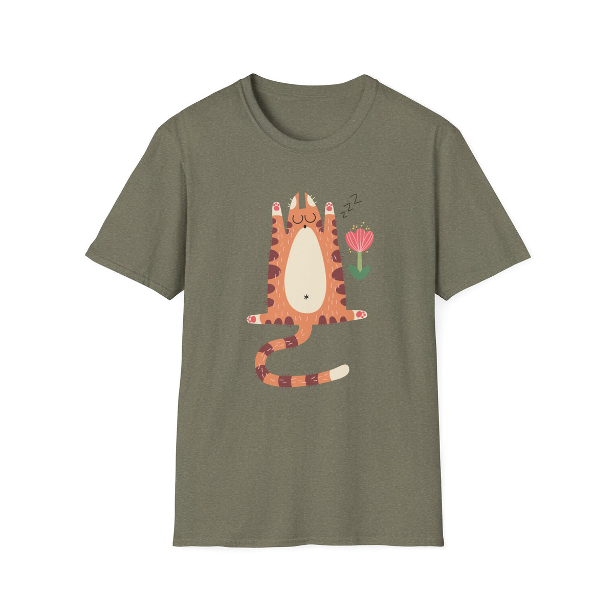 "You Make Me Go ZZZ" sleepy cat t-shirt in heather military green, flat lay front print, cat lover gift