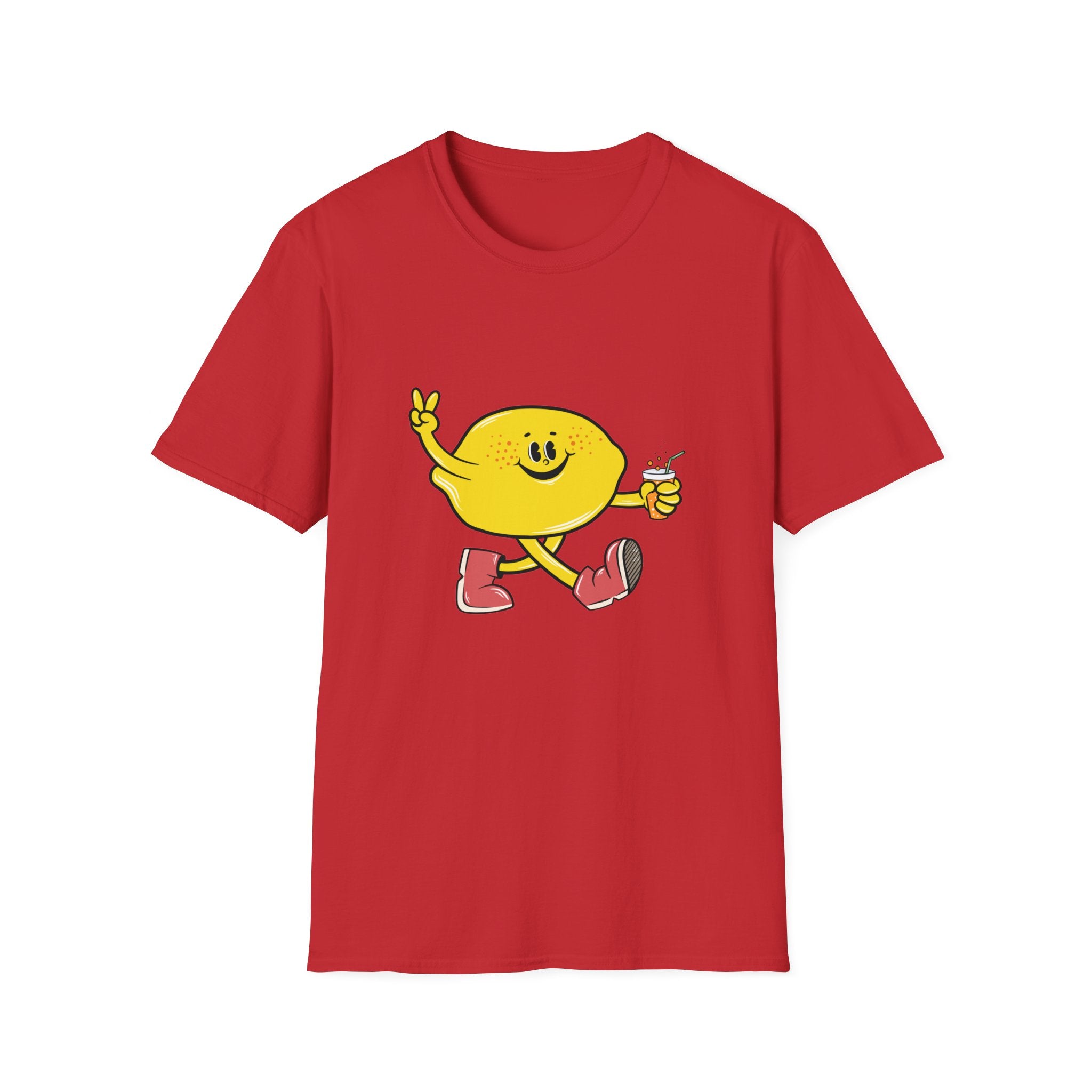 Cartoon Lemon red t-shirt showcasing a cheerful lemon character with a smile, sporting red boots, holding a drink, and making a peace sign with the other hand.