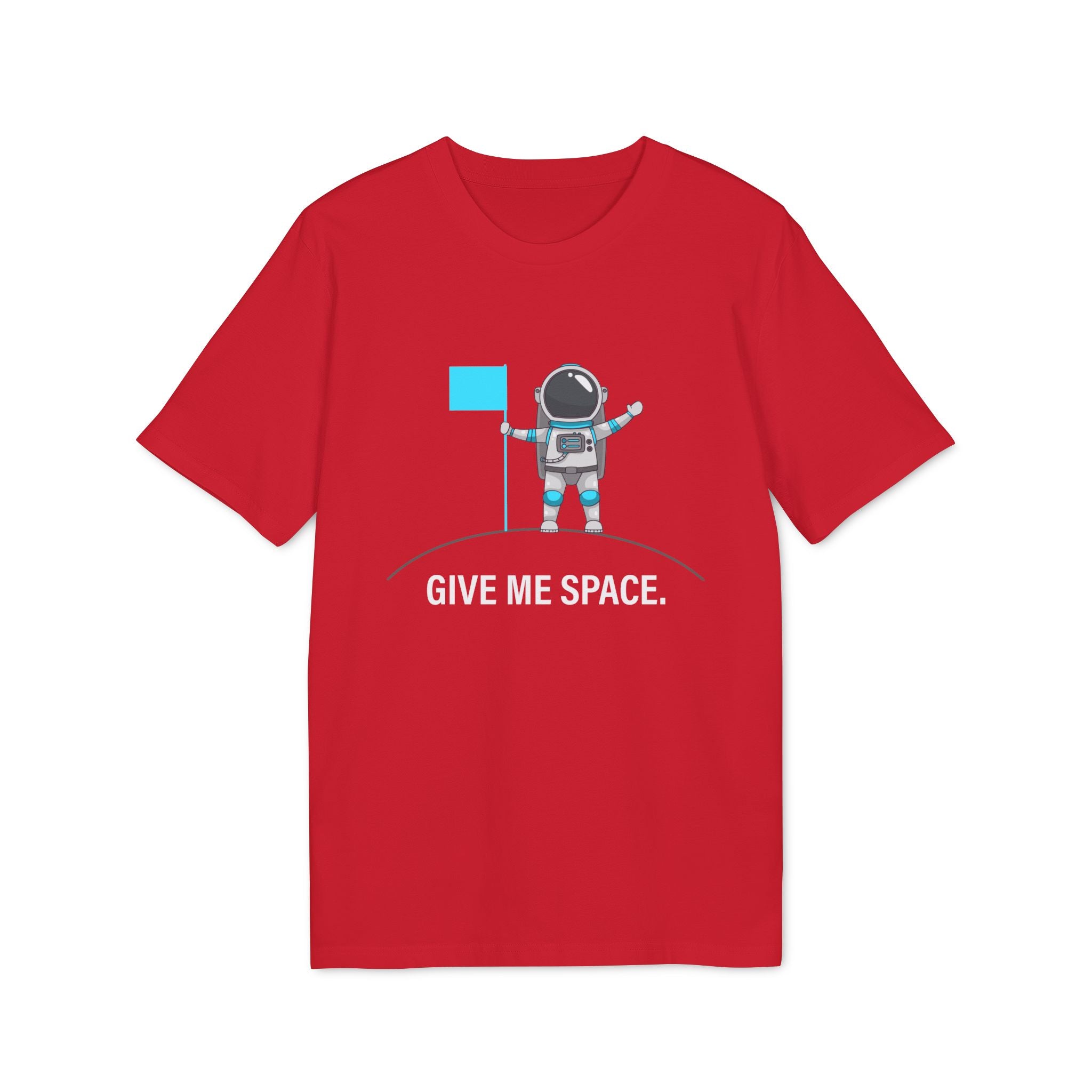 The "Give me space - Organic T-Shirt" is a red, nerdy tee with a cartoon astronaut holding a flag and "GIVE ME SPACE." below. Made from soft, eco-friendly organic cotton for maximum comfort.