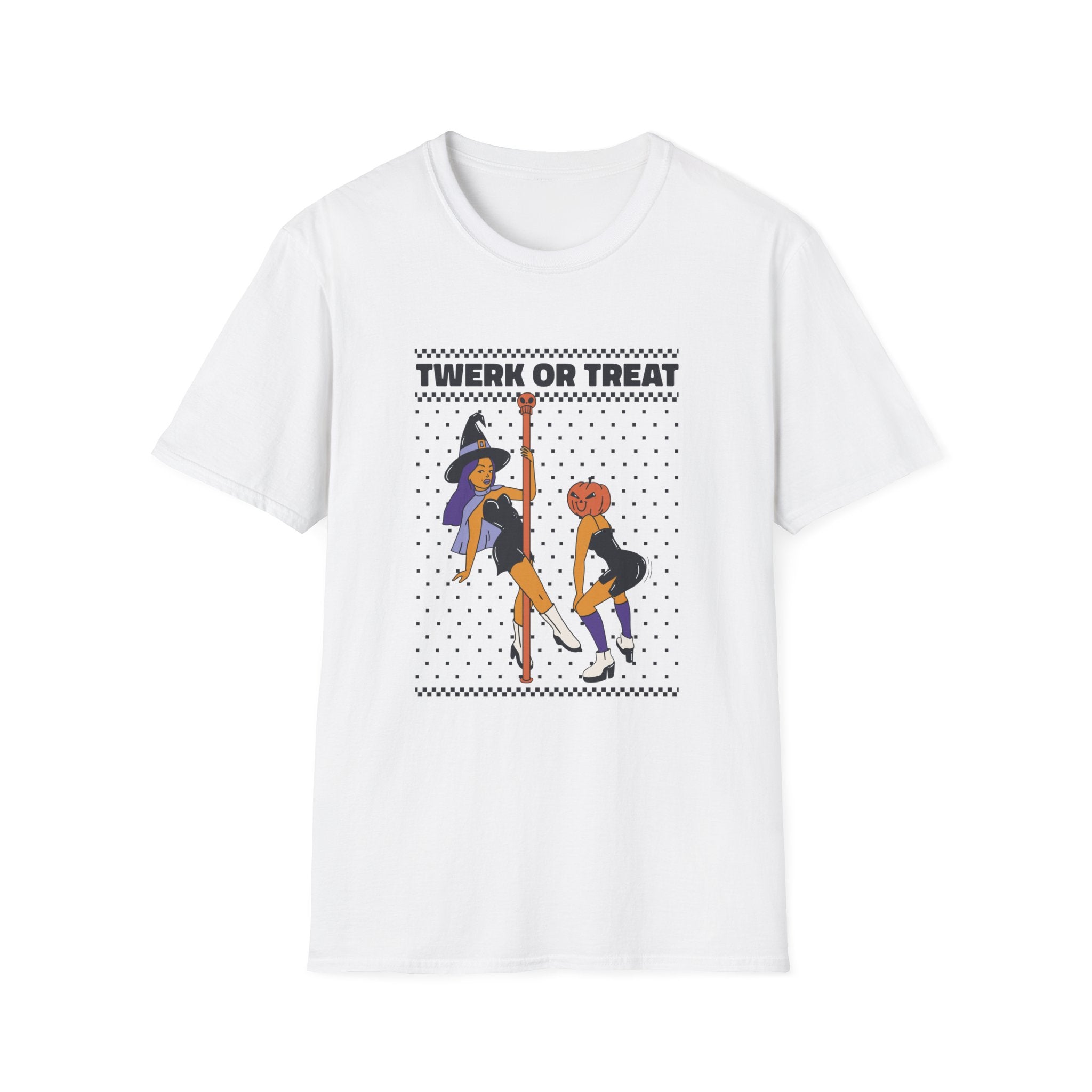 The Twerk Or Treat T-Shirt adds Halloween cheer with a fun illustration of cartoon figures dancing, one wearing a witch hat and the other with a pumpkin head.