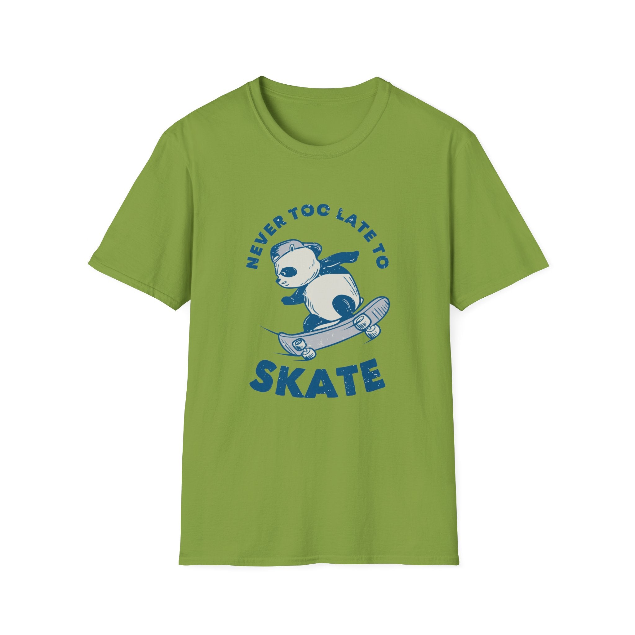 The "Never Too Late to Skate" T-shirt features a green design with a cartoon bear skateboarding and is perfect for those who embrace their love of skating.