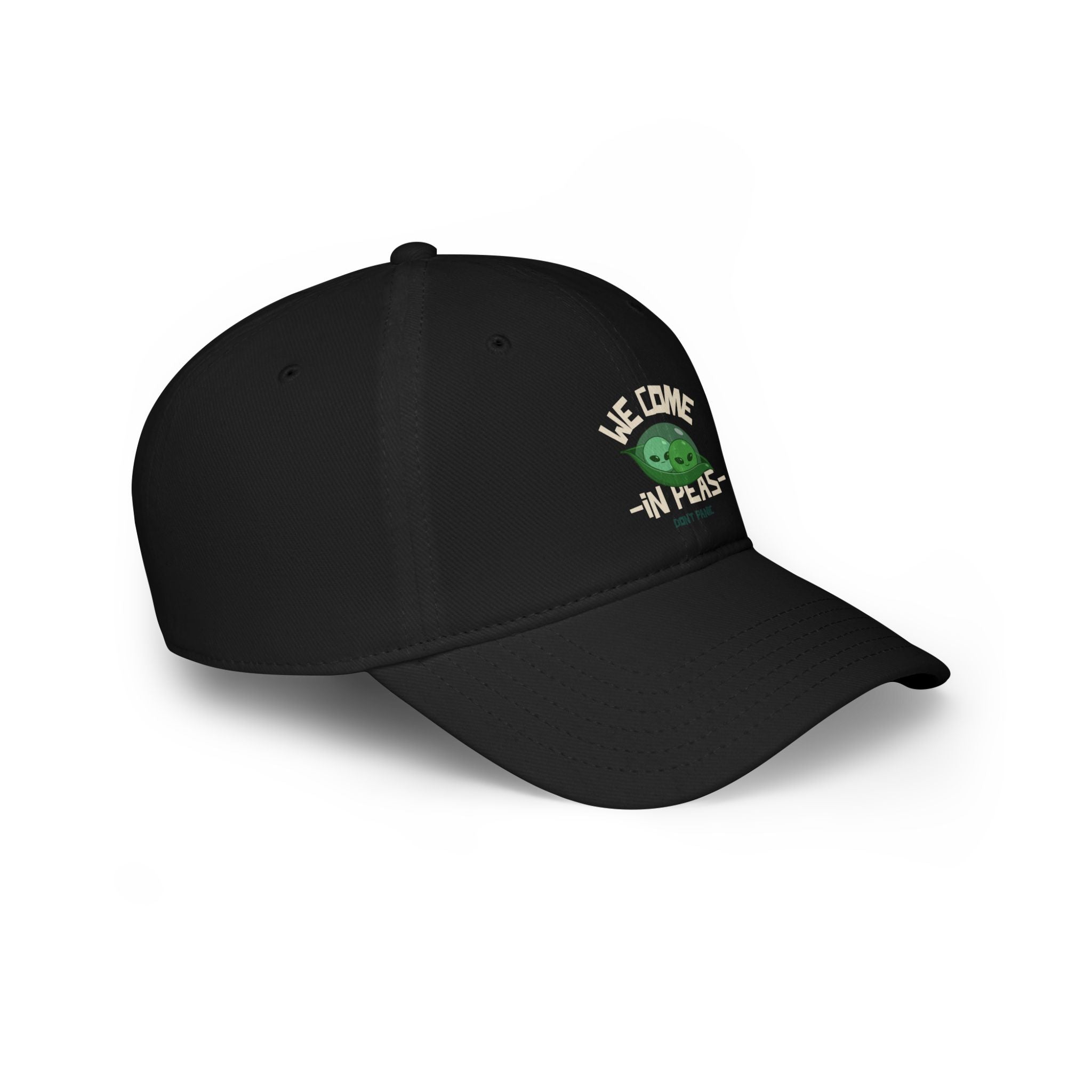 The "We Come in Pees - Hat" is a black baseball cap with an embroidered green pea and the text “We Come In Peas” on the front—ideal for adding a quirky touch to any geeky outfit.