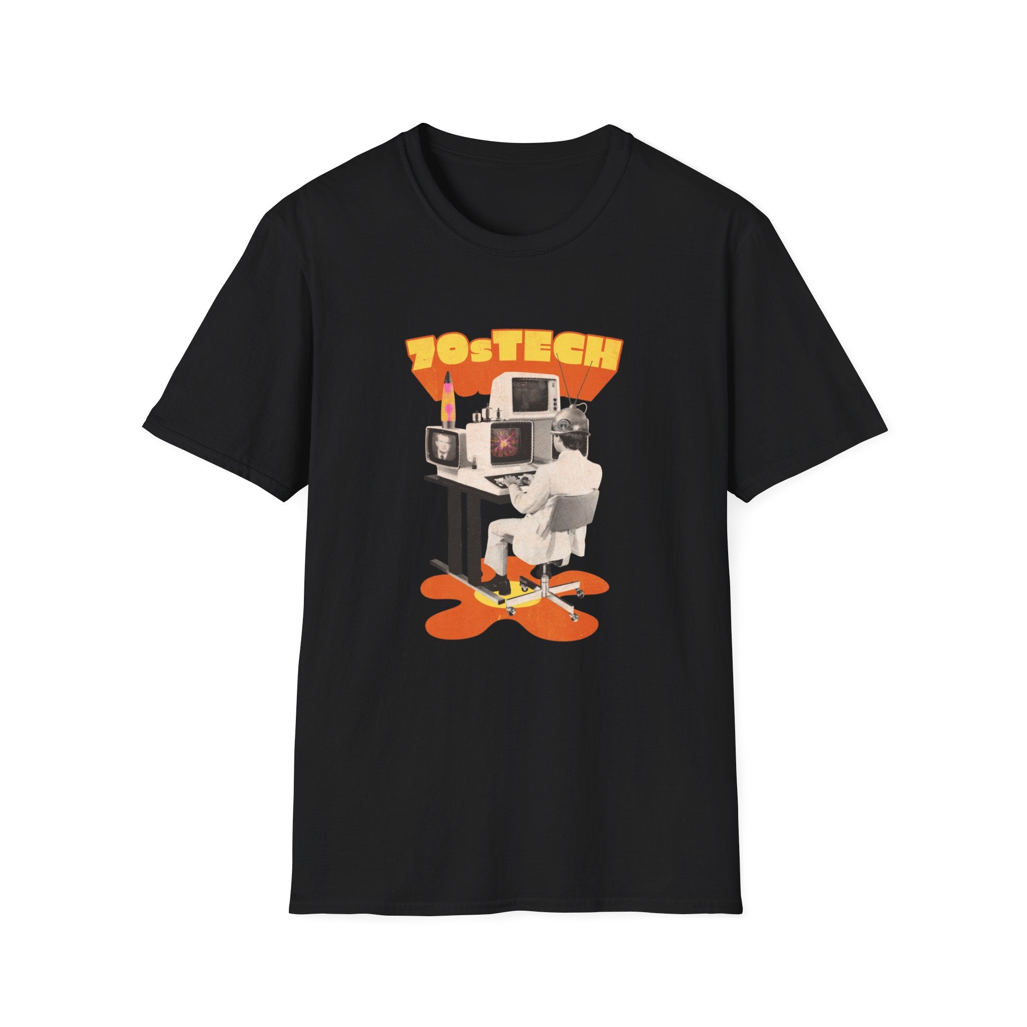 The 70s Tech T-shirt is an ultra-soft black cotton tee that showcases a retro tech design of a person sitting at a desk with multiple vintage computers and the text "70s TECH" above. Plus, enjoy fast delivery!