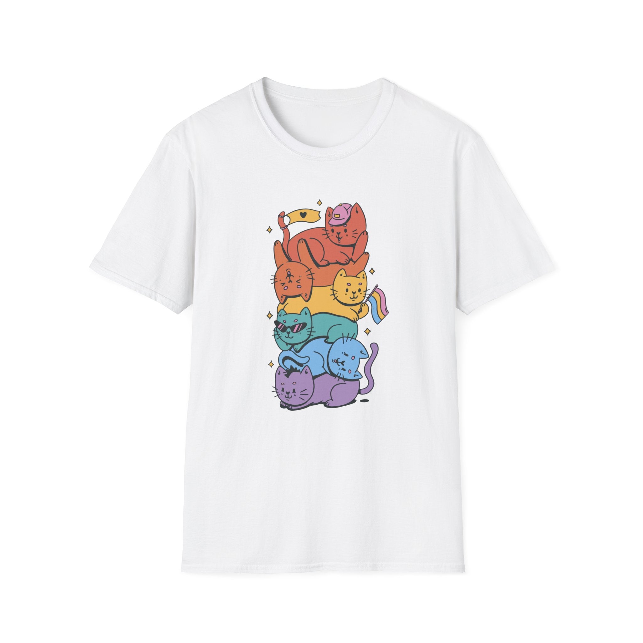 The Pride Stack Cats T-Shirt showcases six vibrant cartoon cats in a vertical stack, each with playful expressions in red, orange, yellow, green, blue, and purple hues. Ideal for celebrating geeky pride and nerd culture.