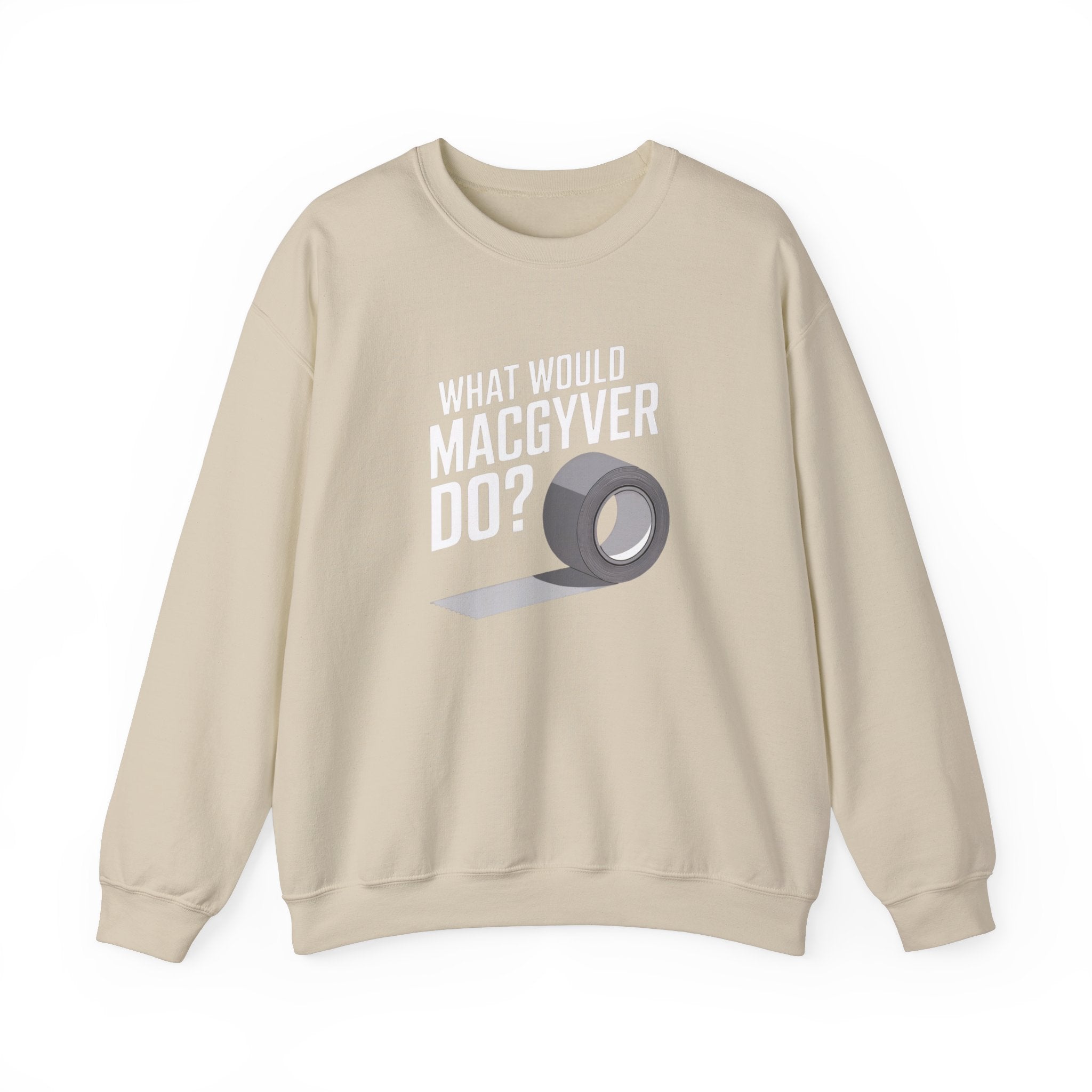 The "What Would Macgyver Do - Sweatshirt" in beige features the iconic question above a duct tape graphic, offering geek-chic flair and cozy comfort—an ideal addition to your casual wardrobe.