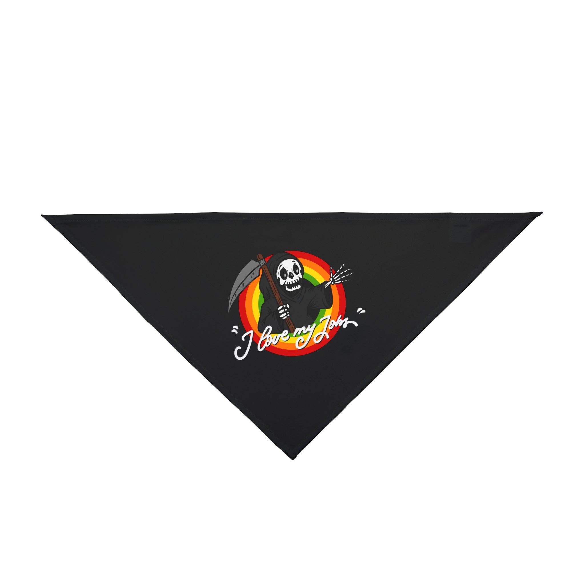 The "Love My Jobs - Pet Bandana" features a cartoon grim reaper with scythe and guitar on a rainbow background, plus the text "I love my job." A fun accessory for pets of nerd culture fans.