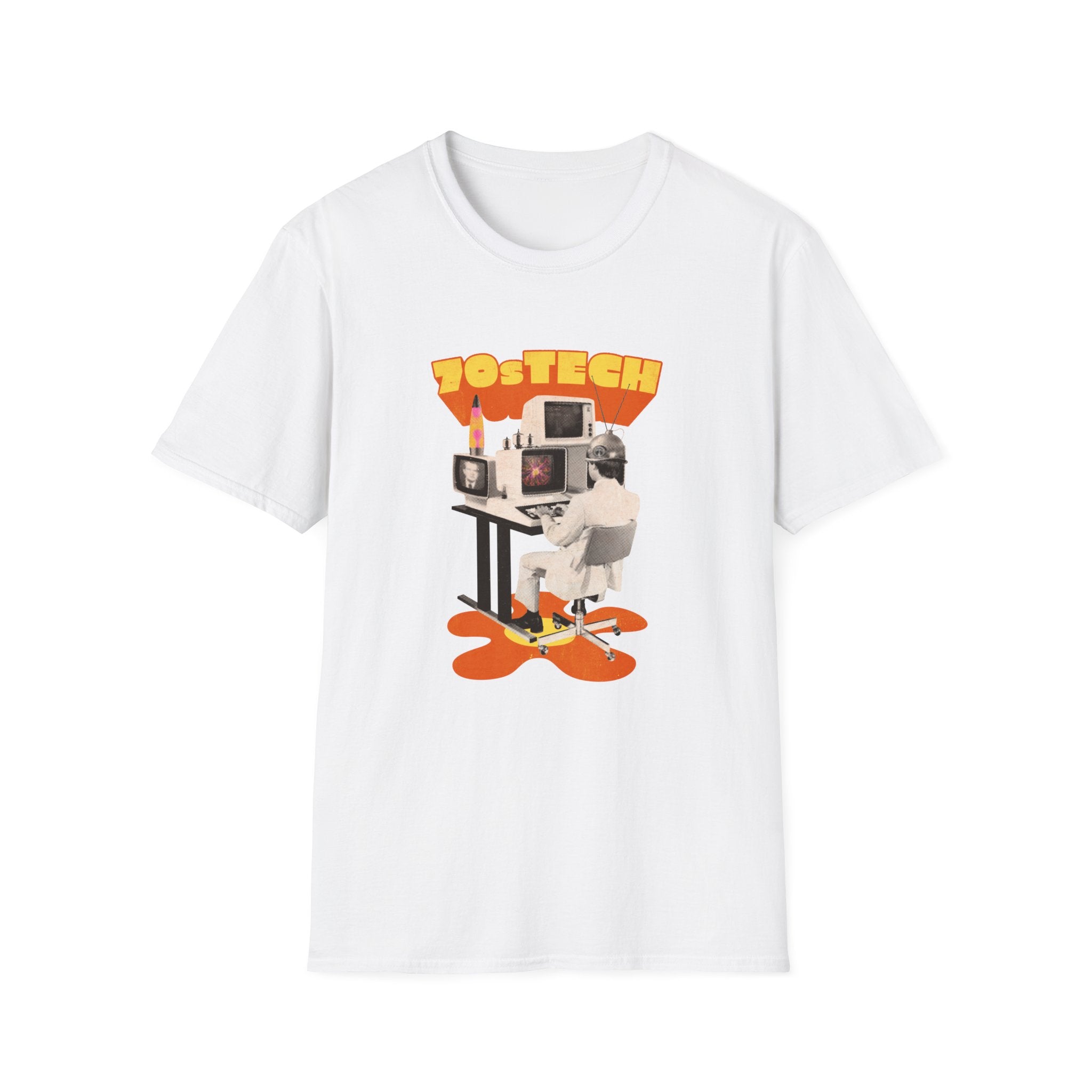 Get your retro vibes on with the 70s Tech T-shirt, featuring a "70sTECH" design and a nostalgic computer setup scene perfect for geek culture enthusiasts.