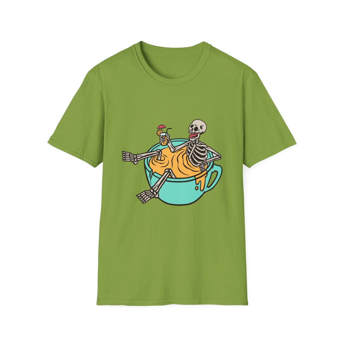 'Relaxing Skull' skeletons in a teacup t-shirt in kiwi green, front print visible, funny coffee lover tee