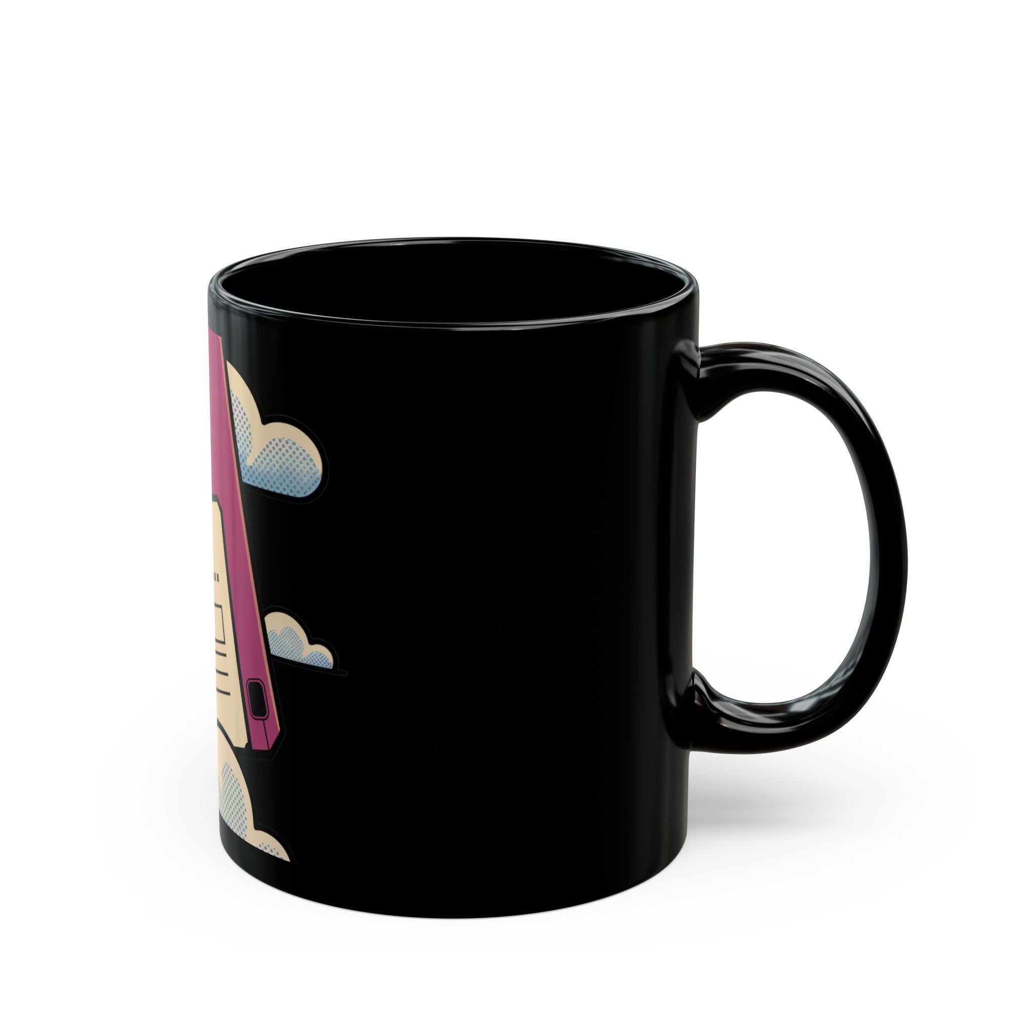 Floppy disk - Black Mug: Black ceramic mug featuring a partial pink pencil and light blue clouds illustration, perfect as a coffee gift for programmers or retro storage fans. Shown on a white background.