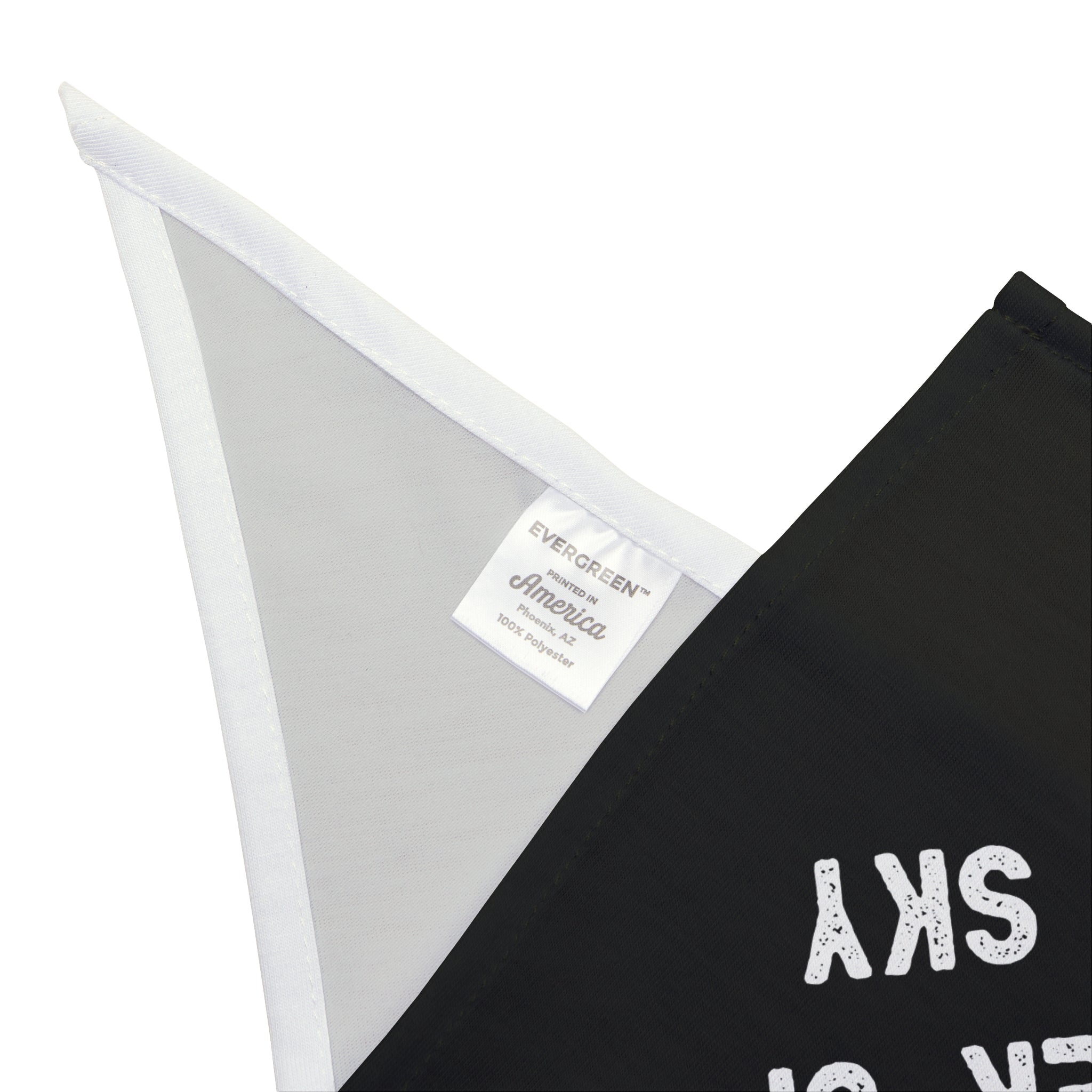 A close-up of a black flag with a white edge, displaying the text "AMERICA" along with a label reading "EVERGREEN," evokes the sleek design of the Cloud Architect Master of the Sky - Pet Bandana. Made from soft-spun polyester, its texture is as cozy as your pet's favorite bandana.