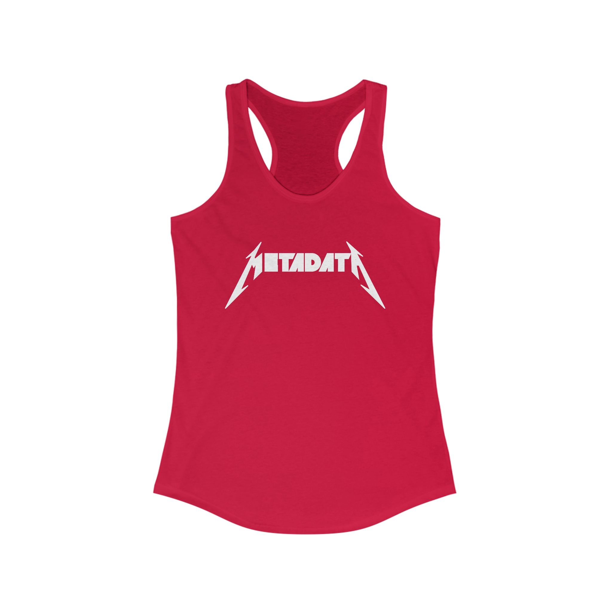 Introducing the Metadata - Women's Racerback Tank: This red, lightweight top showcases "METADATA" in bold white letters, designed to resemble a famous band logo. Ideal for an active lifestyle.