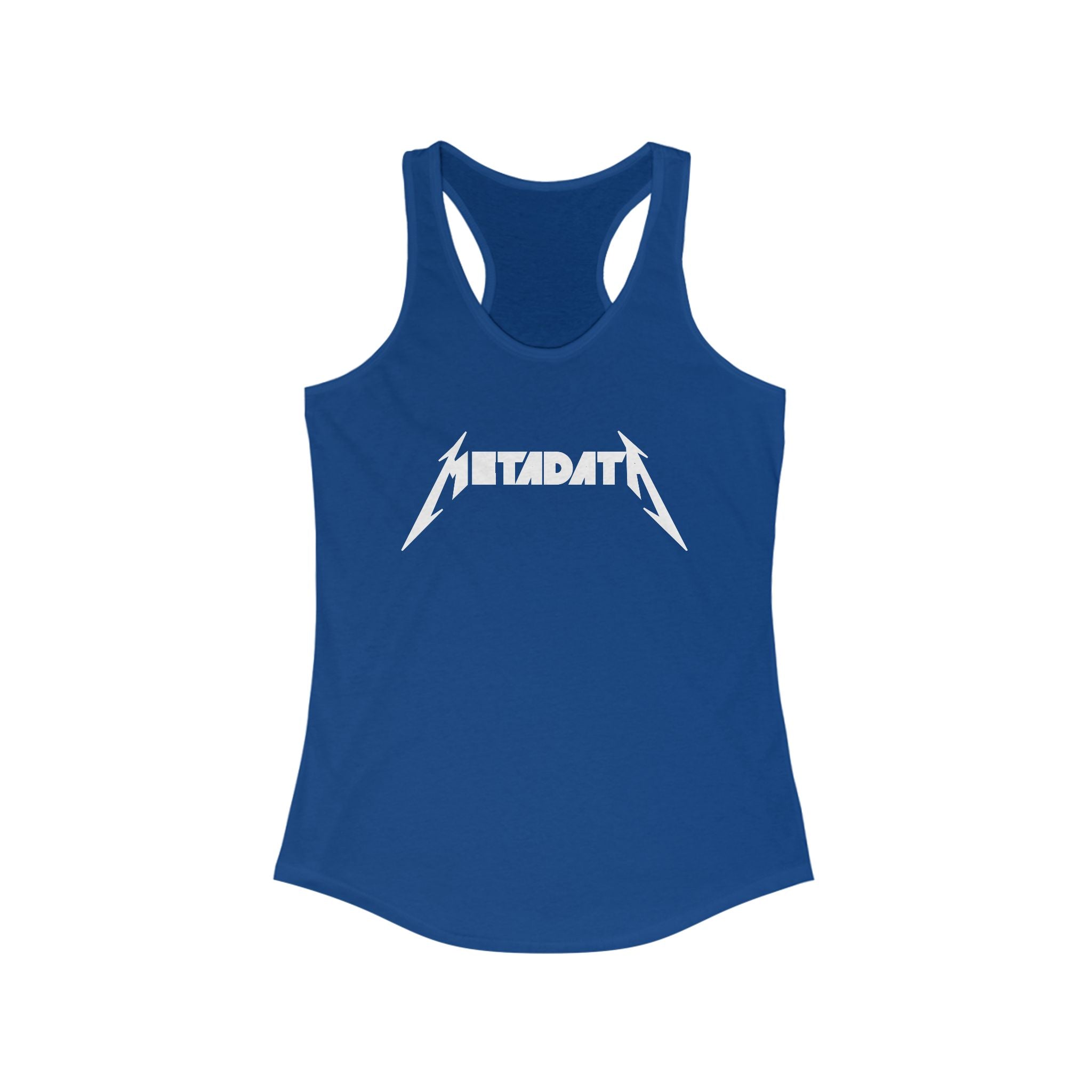 Lightweight and ideal for an active lifestyle, the Metadata Women's Racerback Tank displays the word "METADATA" in a stylized, bold white font across the front.