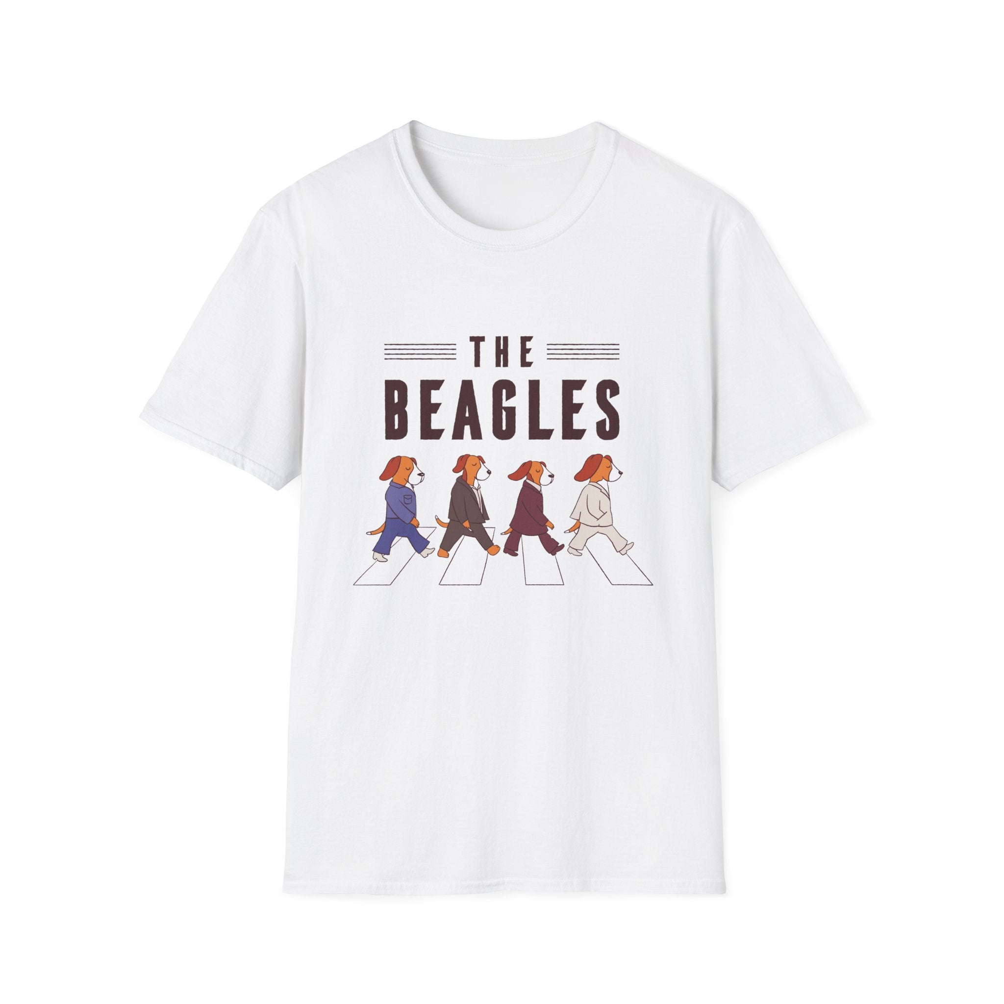The Beagles T-Shirt: A white geek tee with cartoon beagles strolling in single file across a crosswalk, with "The Beagles" prominently displayed above.