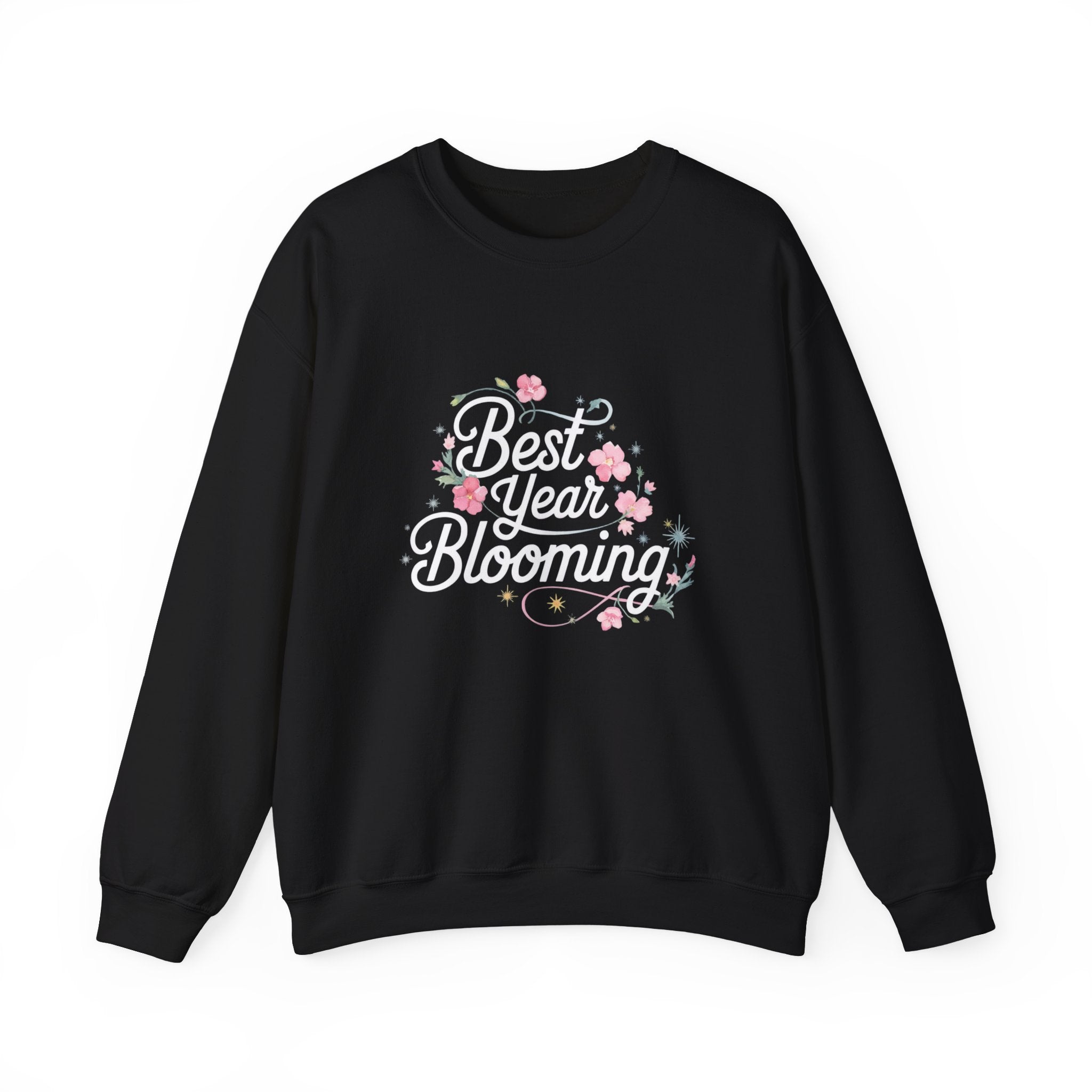 Stay cozy in our Best Year Blooming - Sweatshirt, showcasing "Best Year Blooming" in white script with pink flowers and green leaves—your perfect pick for autumn comfort.