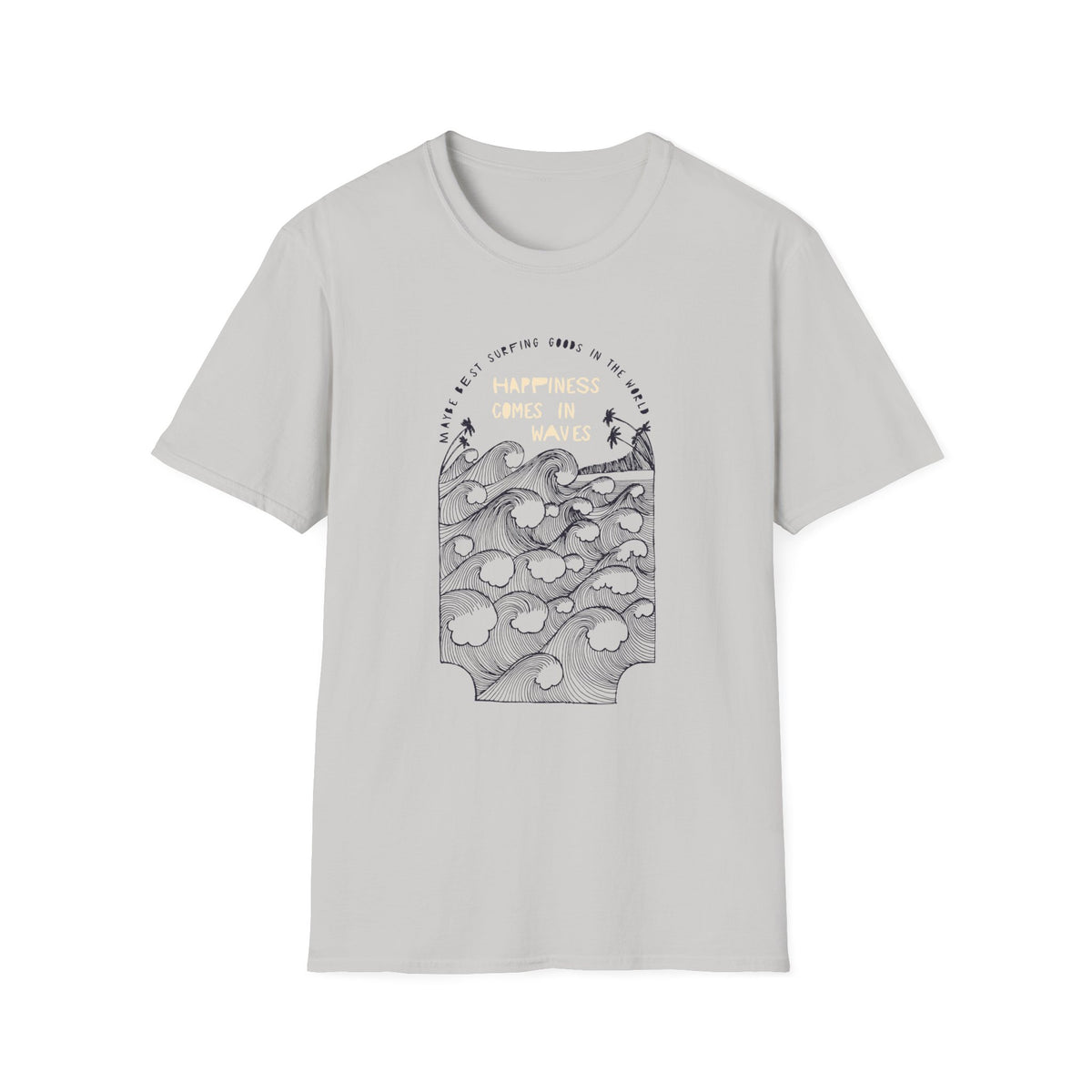 ‘Happiness Comes in Waves’ ice grey tee, mountain lake graphic, gift for nature lovers