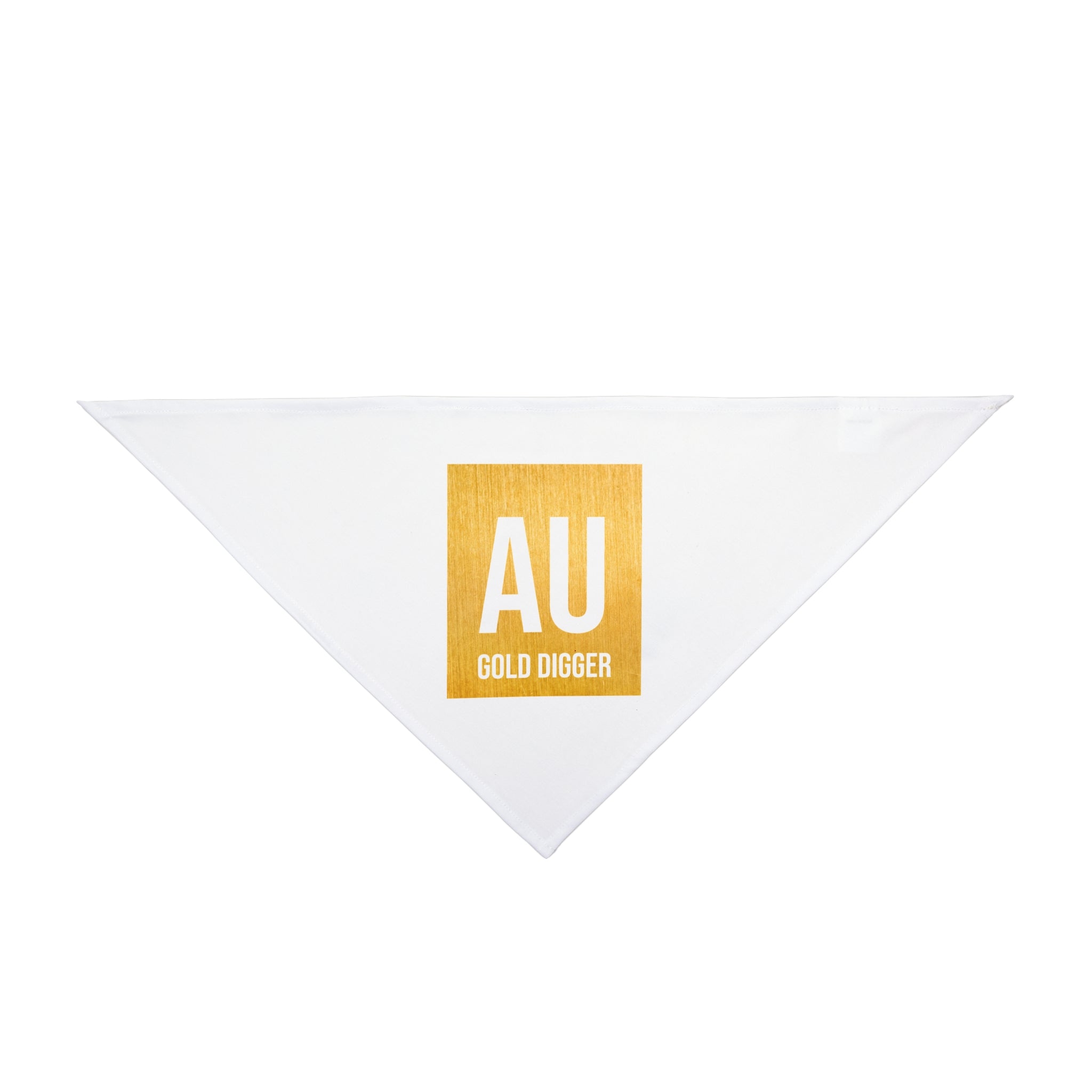 The AU Gold Digger Pet Bandana is a white triangle with a gold square featuring "AU" and "GOLD DIGGER" in white—ideal for pets of nerdy clothing fans or anyone looking to add subtle, geek-chic flair to their style.