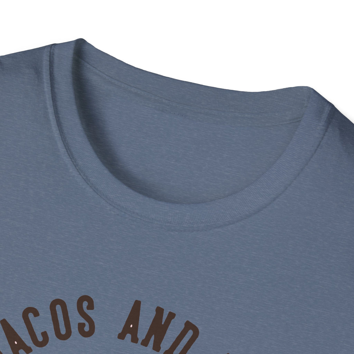 Close-up of 'Feed Me Tacos and Tell Me I'm Pretty' t-shirt text in slate blue, funny taco graphic tee
