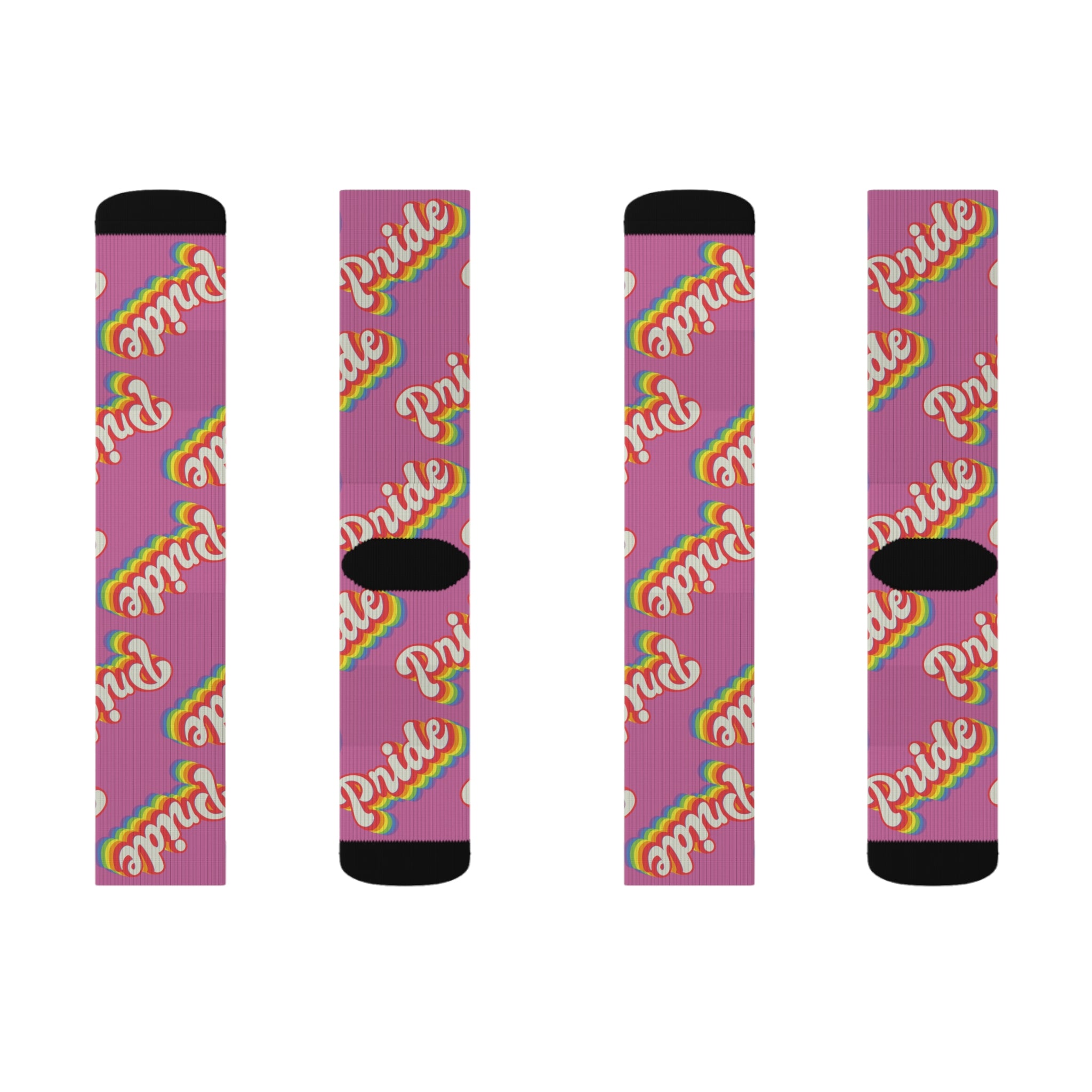 Four high-quality Pride Socks feature sublimated prints with purple hues, black accents, and vibrant rainbow designs, proudly displaying the word "Pride.