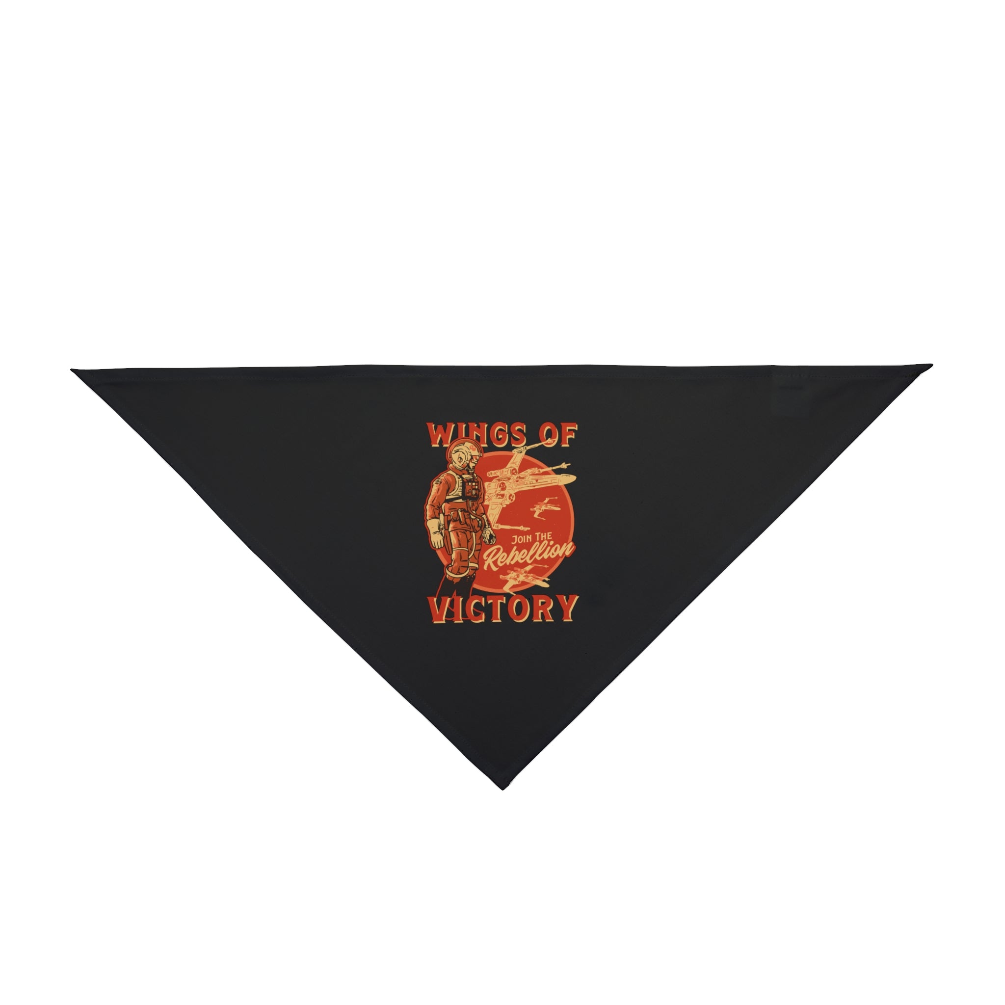 A black triangular bandana made from soft-spun polyester features a graphic of an astronaut with "Wings of Rebellion" and "Victory" text in red and orange, designed to ensure pet comfort. This Wings of Victory - Pet Bandana is perfect for your adventurous companion.