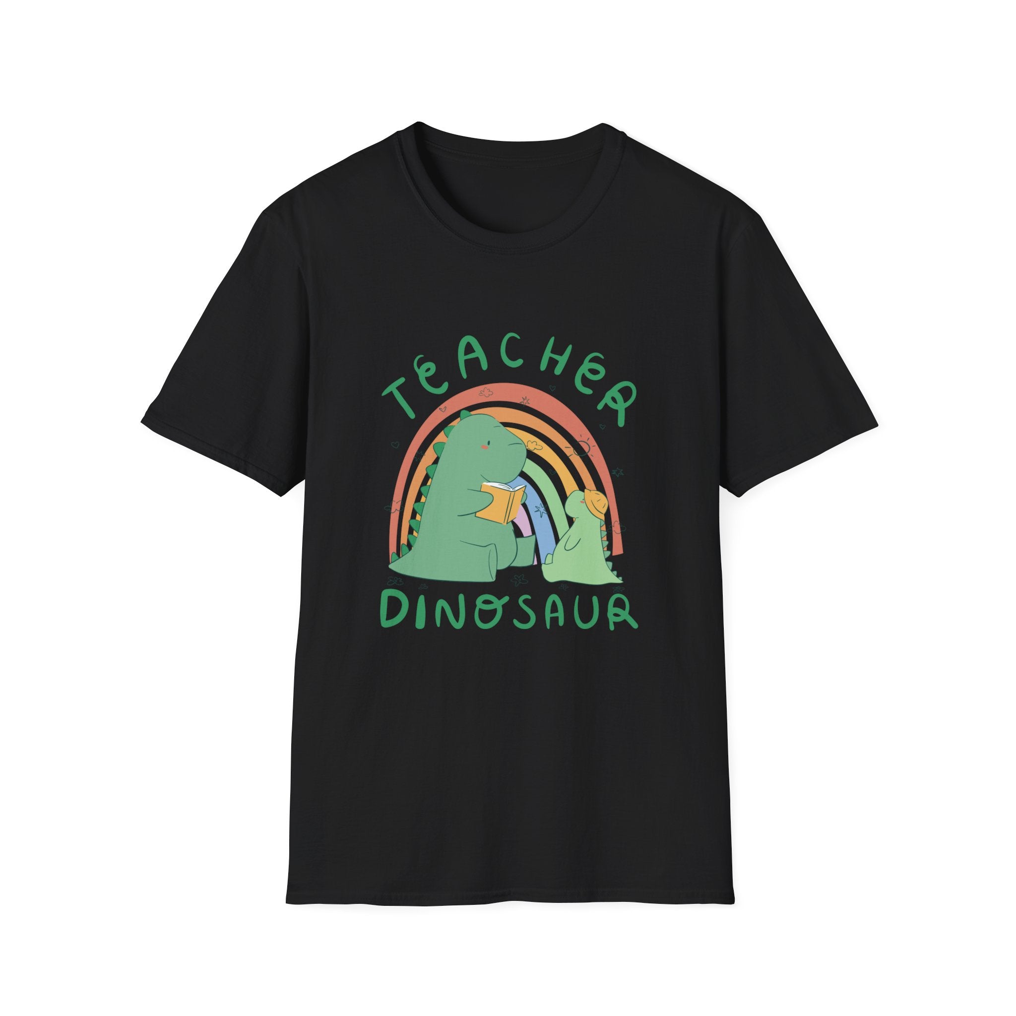 Product Description: The Teacher Dinosaur T-Shirt is a stylish black tee that showcases two dinosaurs reading books beneath a rainbow, with the caption "Teacher Dinosaur." It's perfect for inspiring classrooms and adding a fun touch to any learning environment.