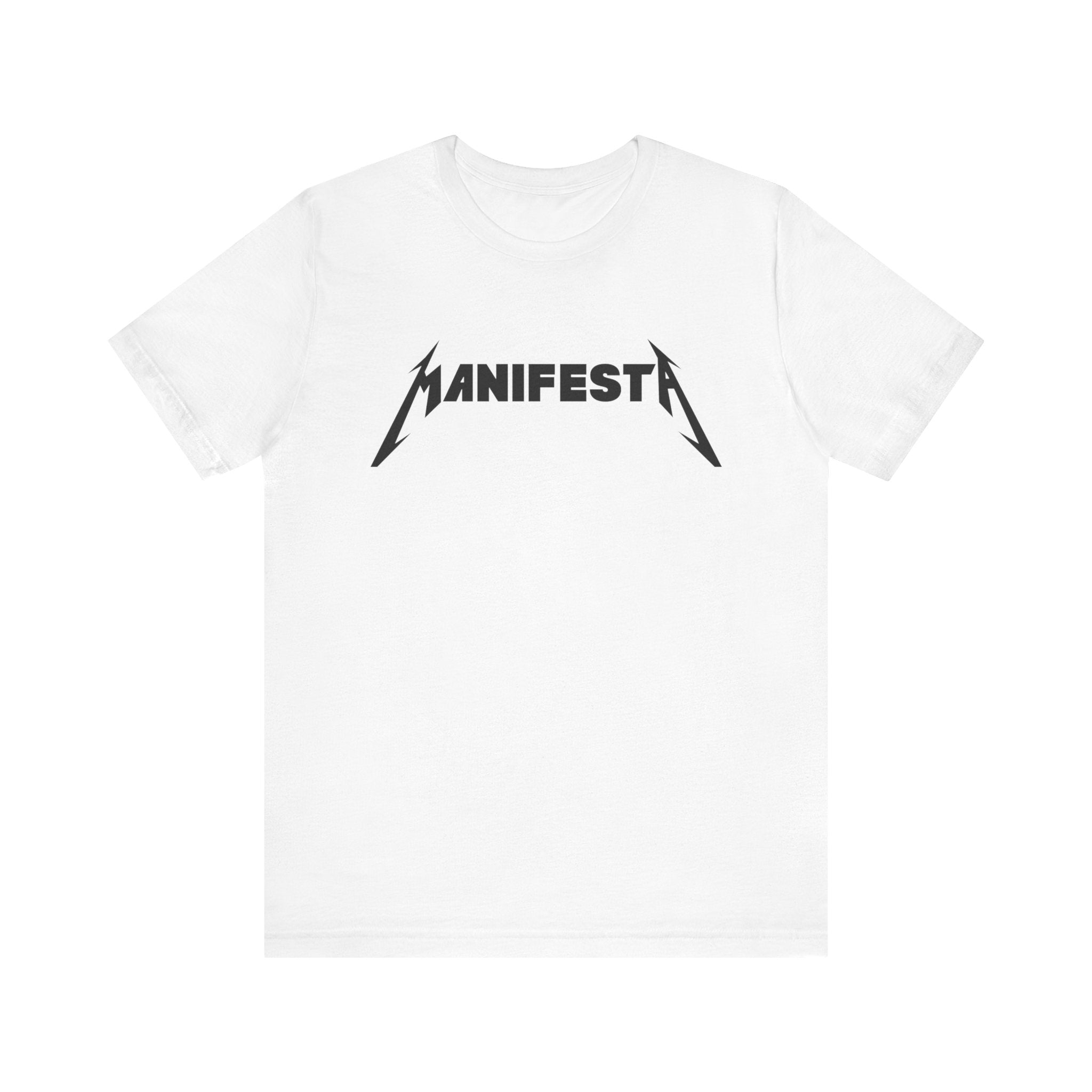 The Manifesta Tee Shirt is a white tee with "MANIFEST" in black, styled like a heavy metal band's logo, perfect for adding an edgy twist to your geeky wardrobe.