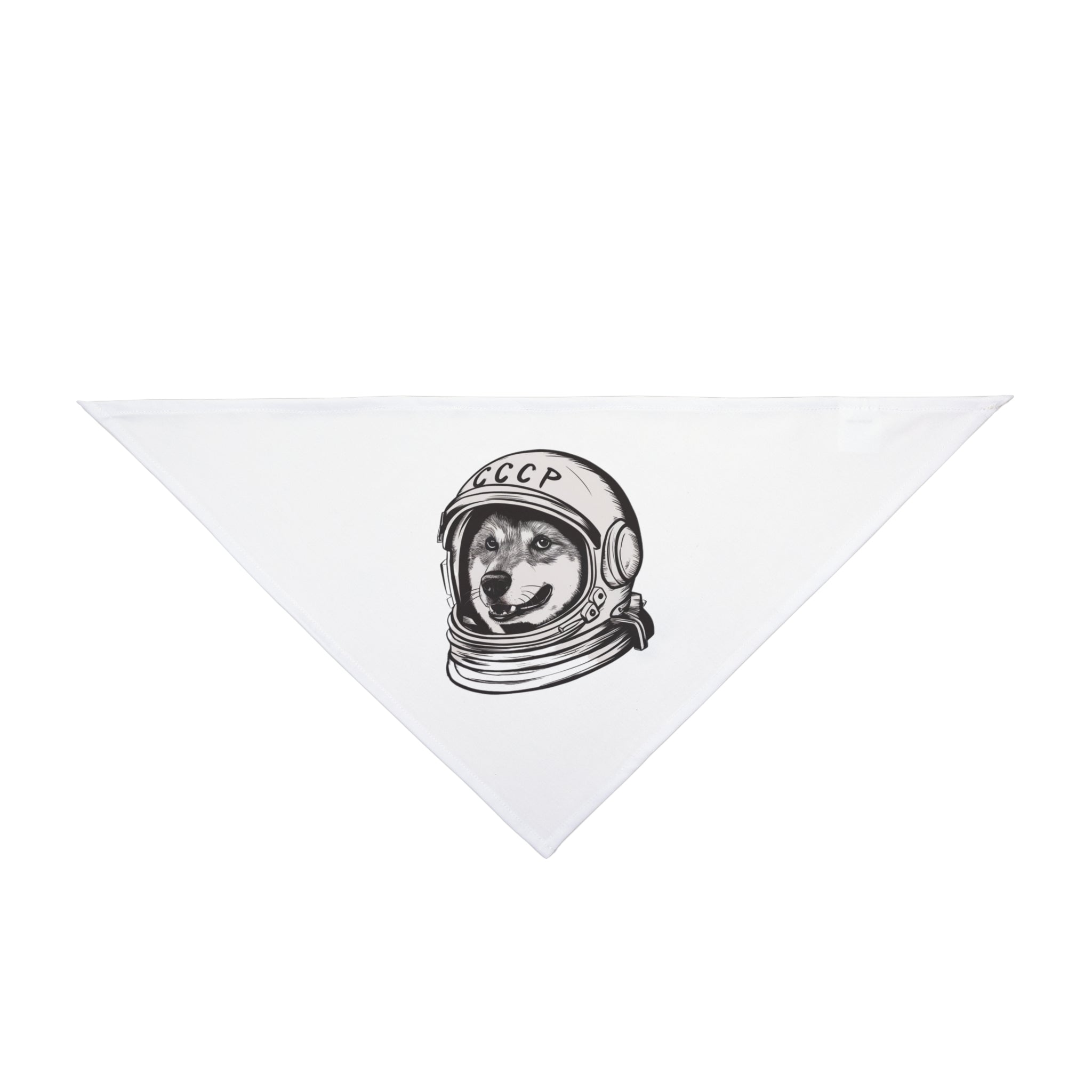 The CCCP Astronaut Dog - Pet Bandana, made from soft-spun polyester, features a white triangular design with an illustration of a dog wearing a CCCP astronaut helmet—ideal for enhancing both style and comfort for your pet.