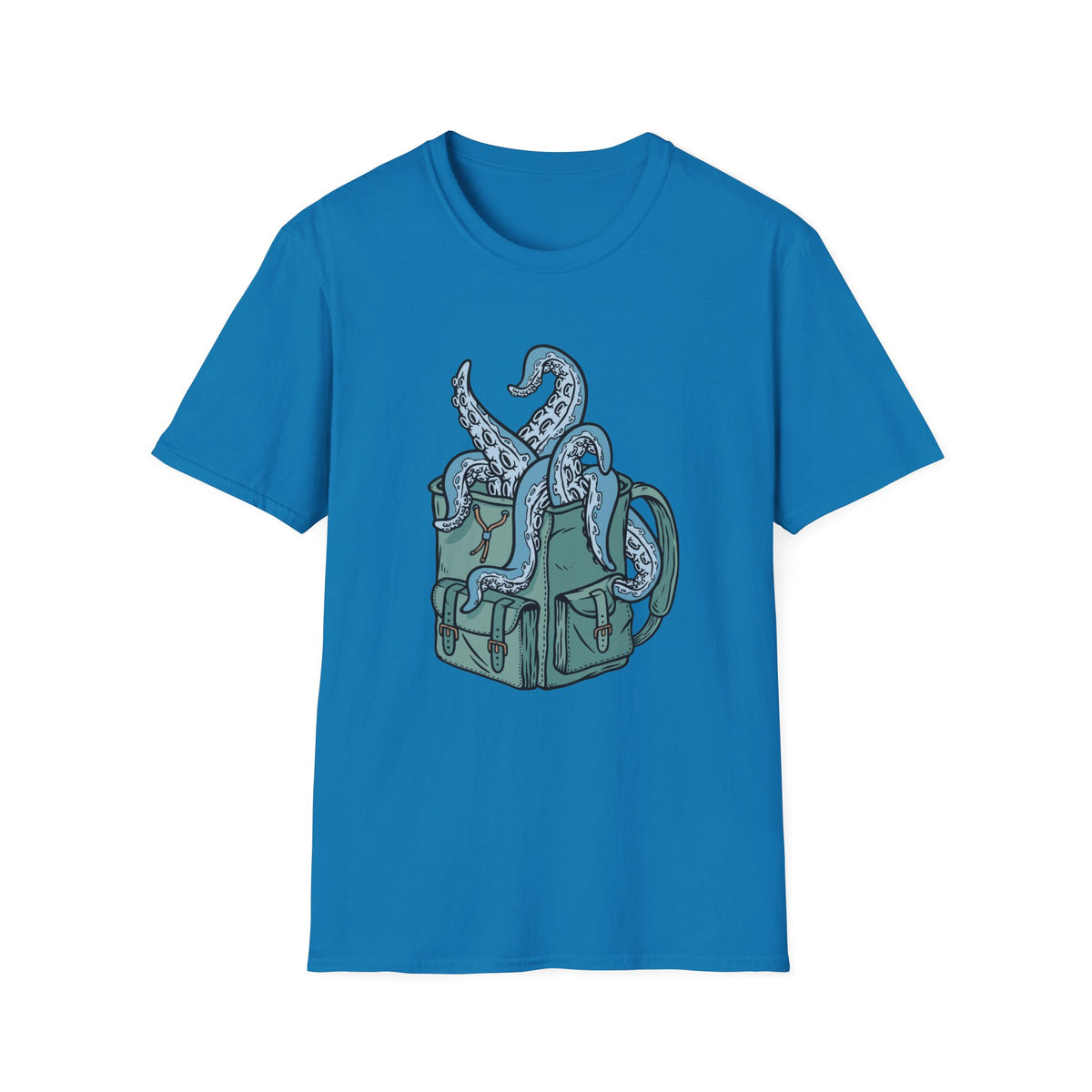 'Octopus Comes Out of the Bag' t-shirt in sapphire blue, flat lay front, funny gift for campers