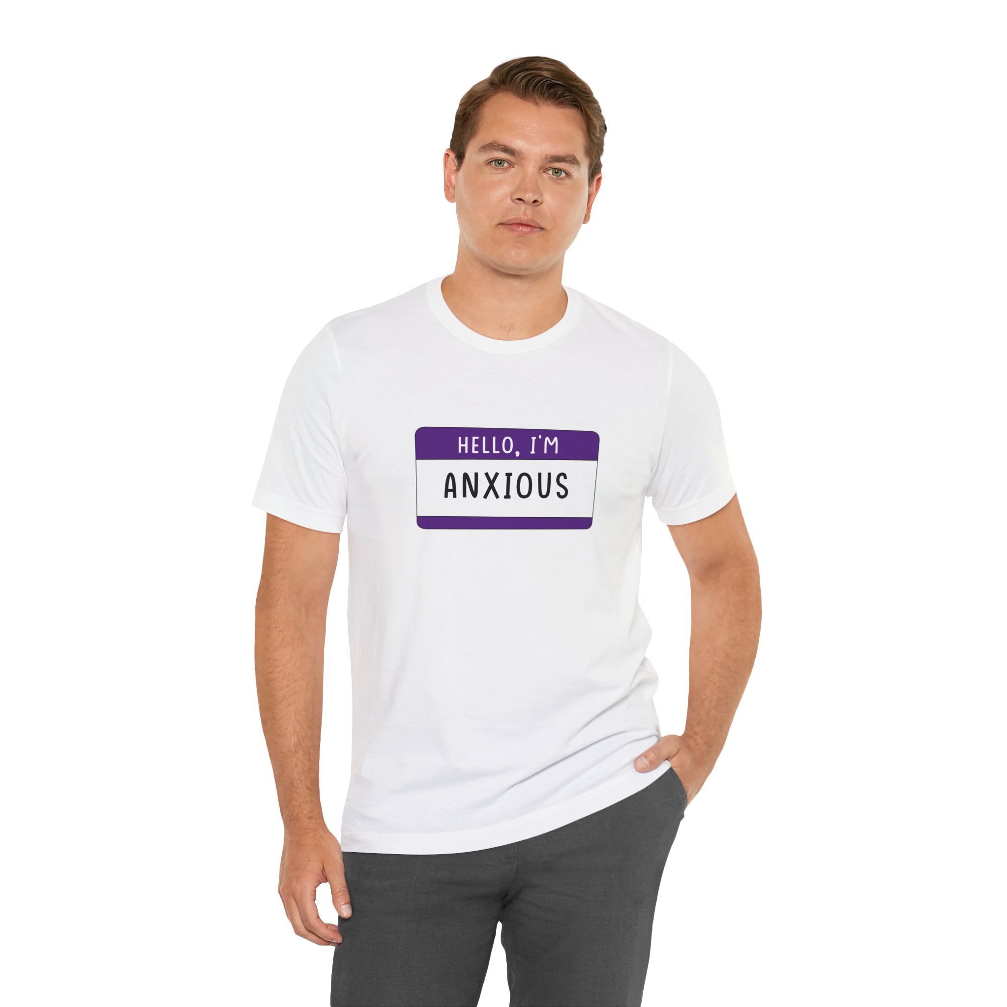A person wearing the "Hello, I'm Anxious" T-Shirt appears as if they just came from a "geeks and gamers" convention.