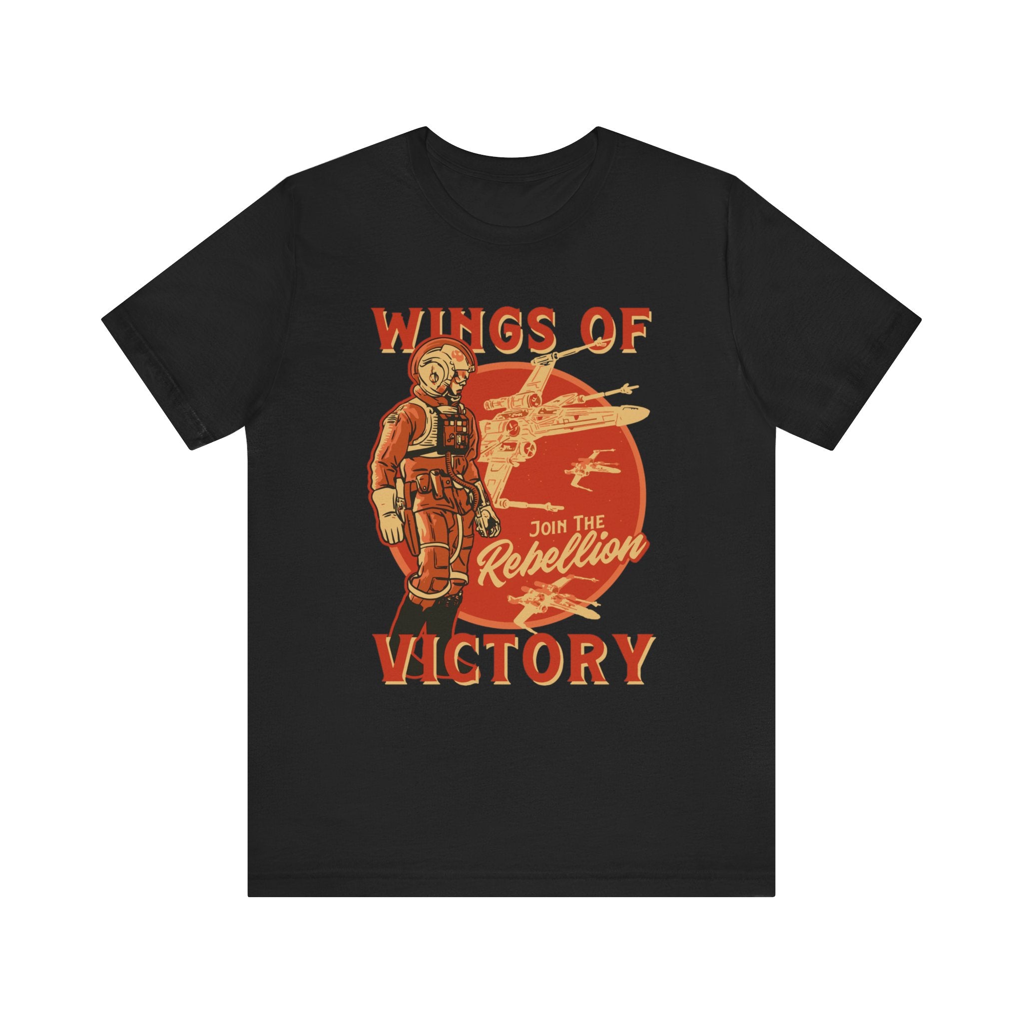 The Wings of Victory T-Shirt is a black tee with a high-quality vintage-style print featuring a pilot and aircraft, adorned with the text "Wings of Victory" and "Join the Rebellion" in red and orange. Made from soft cotton, this classic unisex jersey tee offers comfort and style for any occasion.