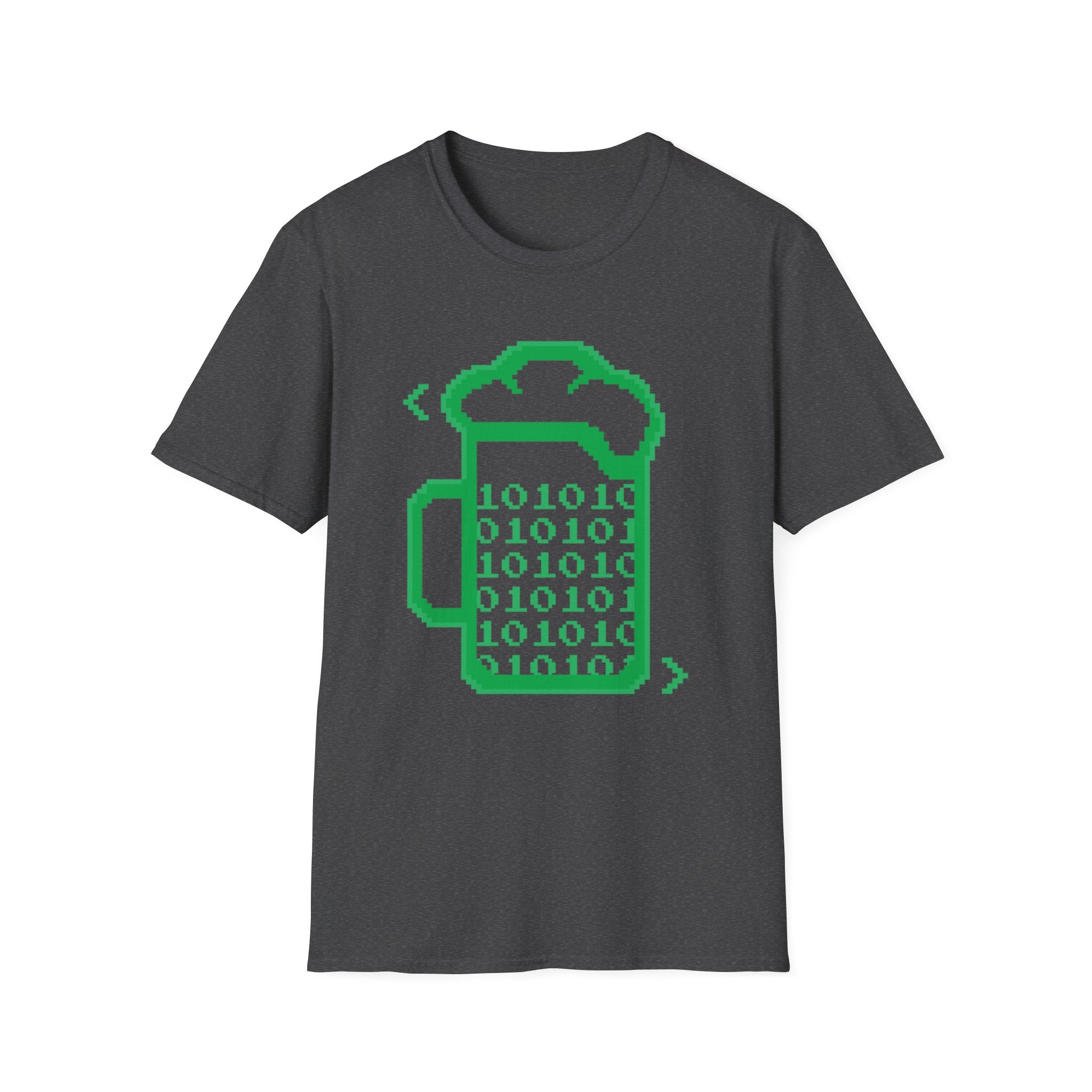 The "This is How I Love to Code T-Shirt" is a dark gray tee featuring a green pixel art beer mug filled with binary code—ideal programmer apparel for those who love coding and craft brews.