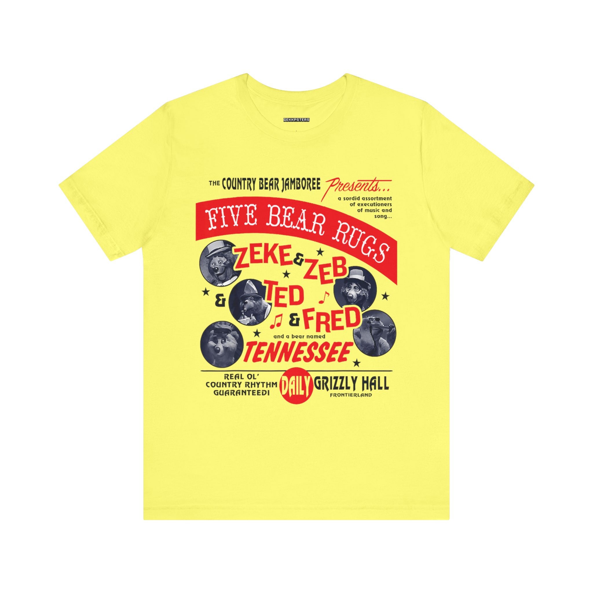 Check out the Country Bear Jamboree Real Old Country Rhythm Five Bear Rugs Tee-Shirt—a yellow tee with a vintage design featuring "The Country Bear Jamboree presents Five Bear Rugs: Zeke, Zeb, Ted, Fred." Perfect for reliving those Grizzly Hall vibes in Tennessee. Ideal for geek culture enthusiasts!.