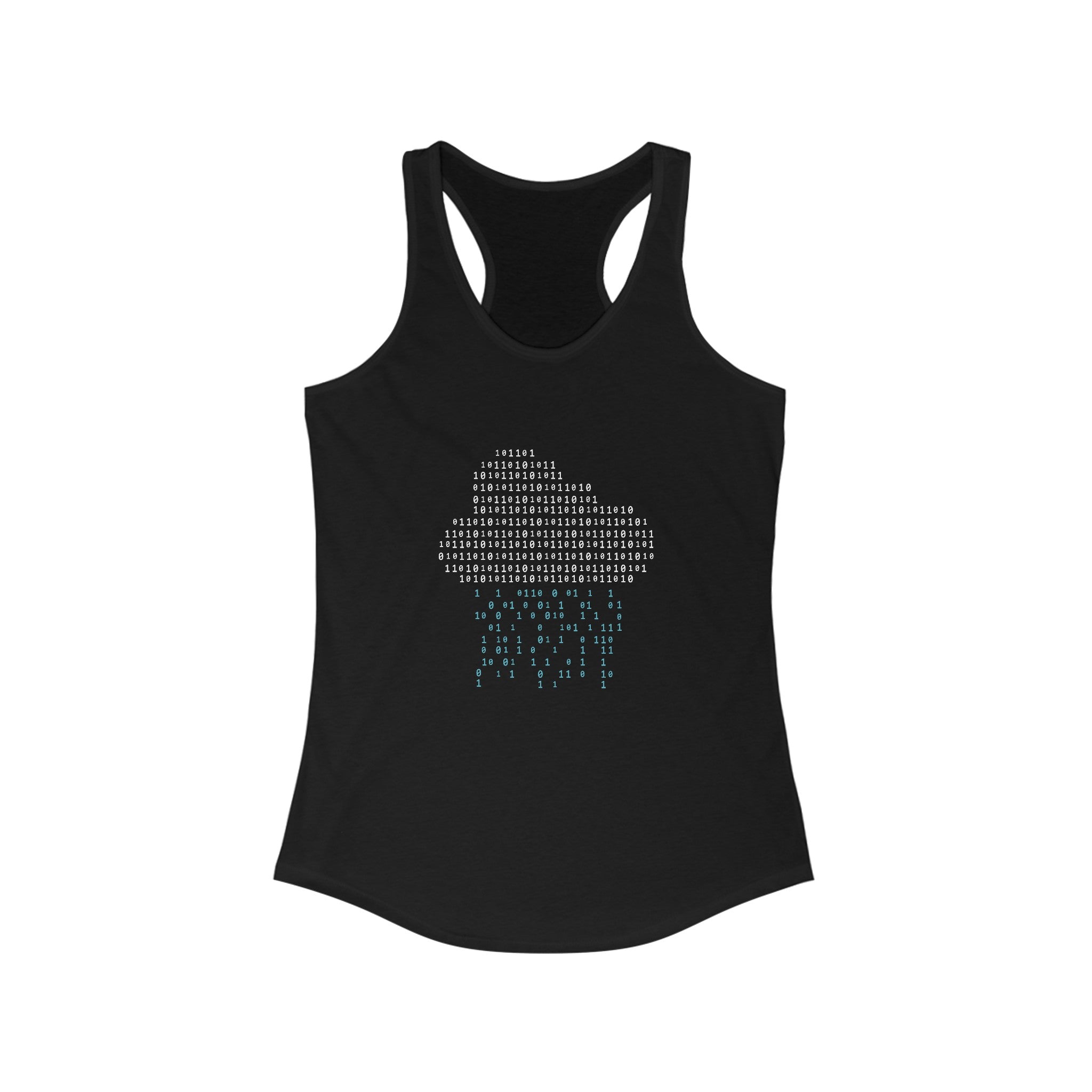 Showcase your geek chic with the Binary Rain Cloud - Women's Racerback Tank, featuring a unique pixel art rain cloud in white and blue binary characters on the front.
