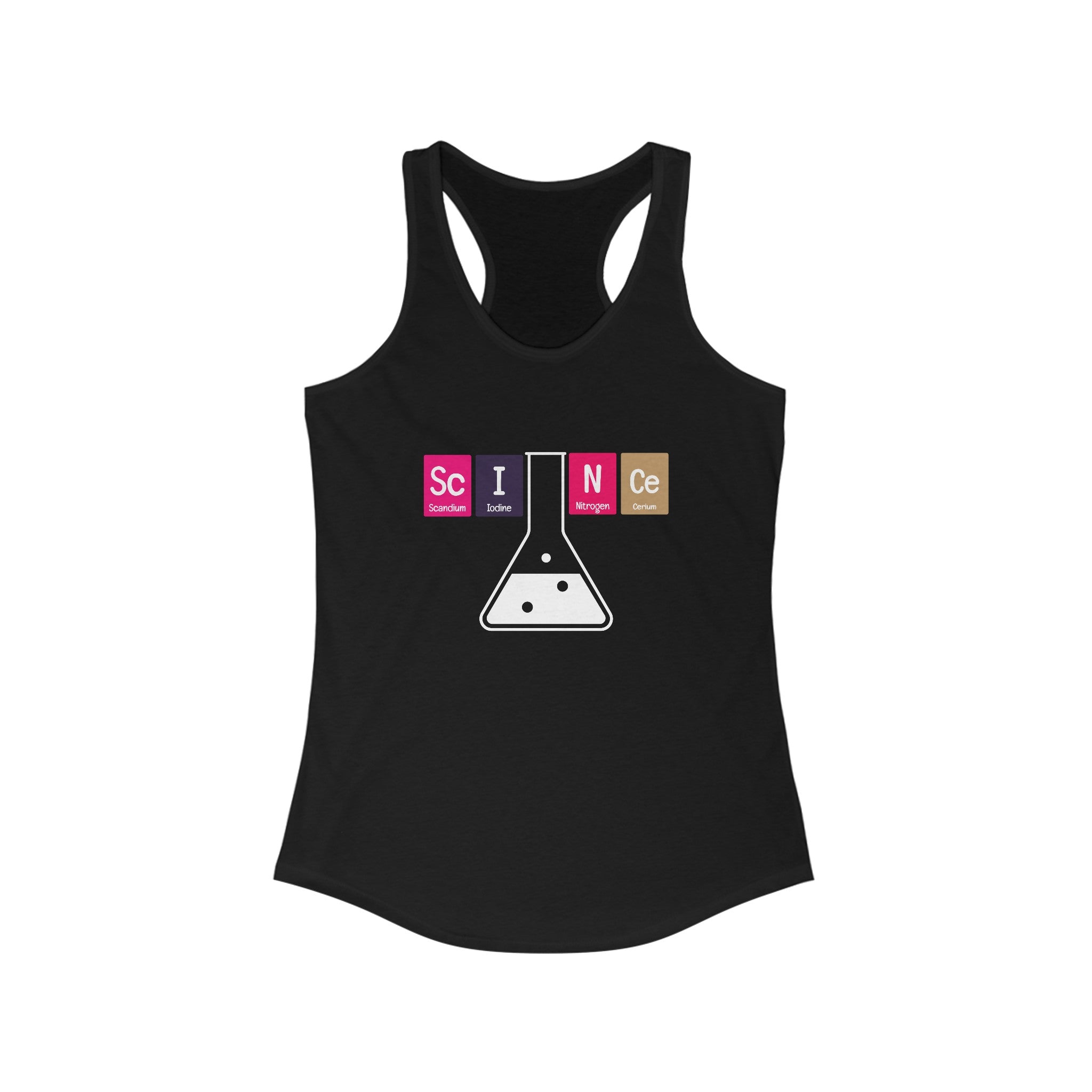 The Sc-I-N-Ce - Women's Racerback Tank is an ultra-lightweight black tank top for women, featuring the word "SCIENCE" spelled with elements like Silicon, Iodine, Nitrogen, and Cerium. It also includes a graphic of an Erlenmeyer flask below—perfect for fitness enthusiasts.