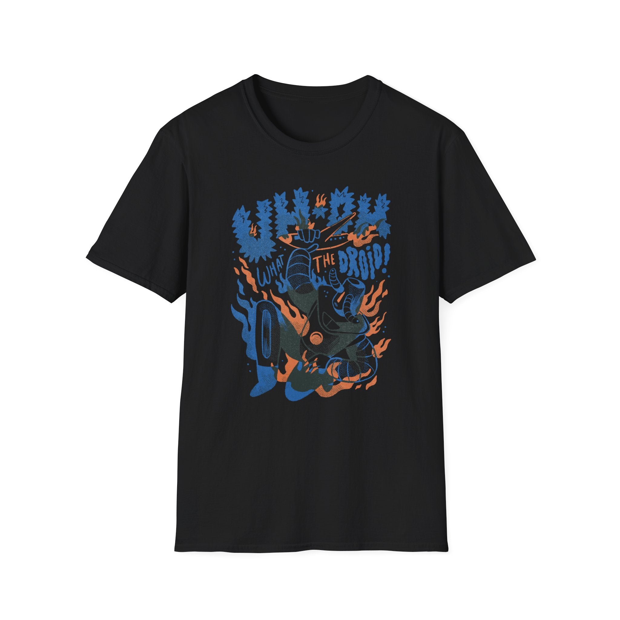 A black UH-OH Droid Attack T-Shirt showcasing a Robocop-inspired graphic of a basketball player engulfed in flames, with the bold blue and orange slogan "Unlock the Drip!" capturing a retro vibe.