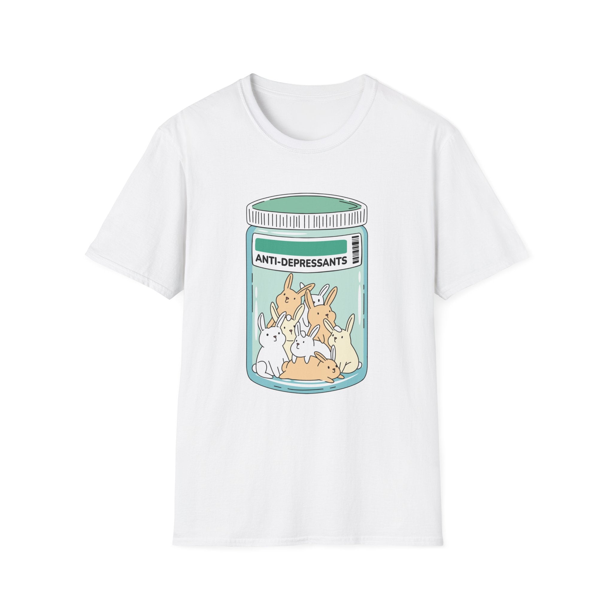 Introducing the Antidepressants Bunnies T-Shirt, a white tee adorned with a playful illustration of bunnies in a jar labeled "Anti-Depressants," perfect for adding charm and humor to your nerdy casual days.