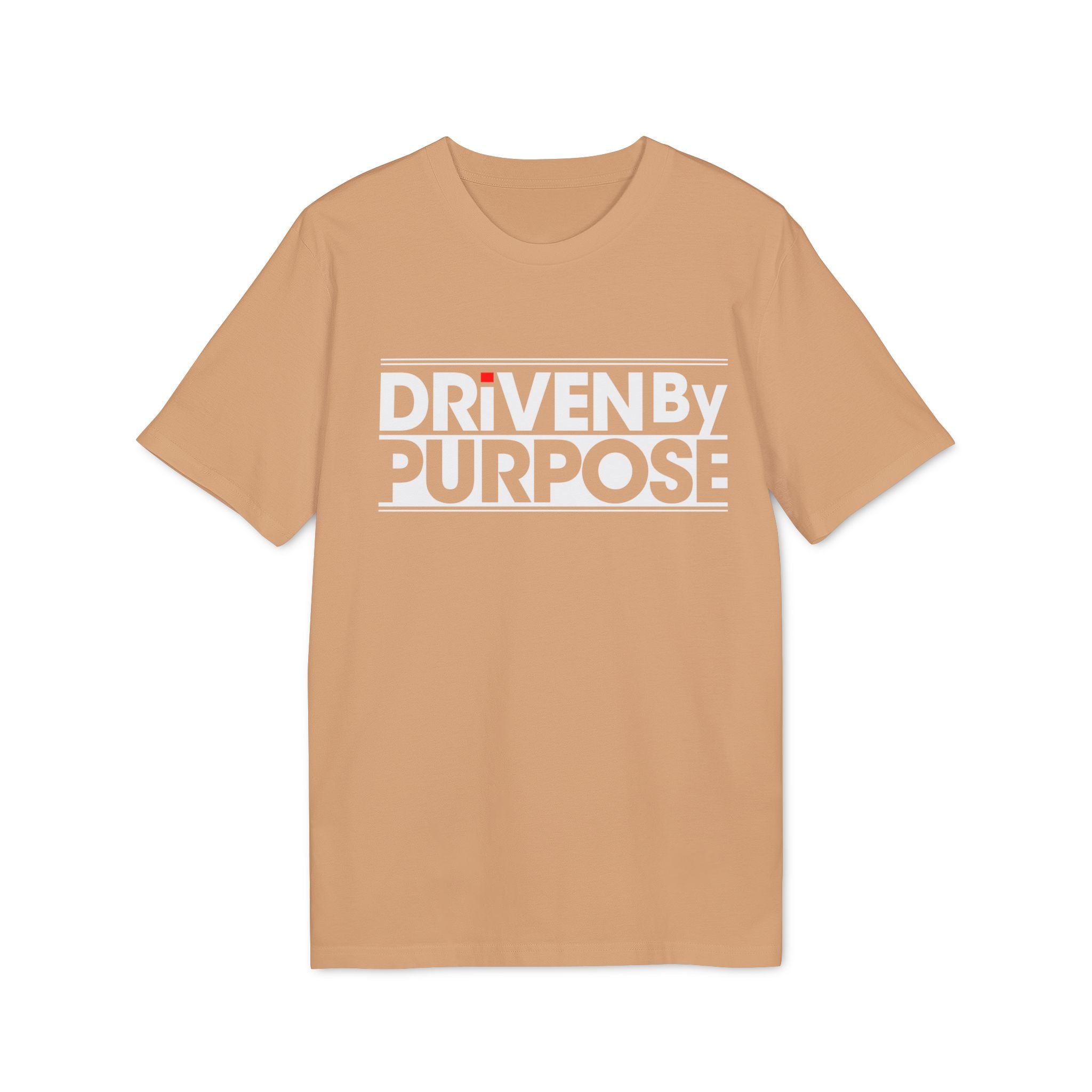The Driven by purpose - Organic T-Shirt features bold white "DRIVEN BY PURPOSE" text on a tan chest, crafted from eco-friendly organic cotton—ideal for those who value programmer essentials and stylish comfort.