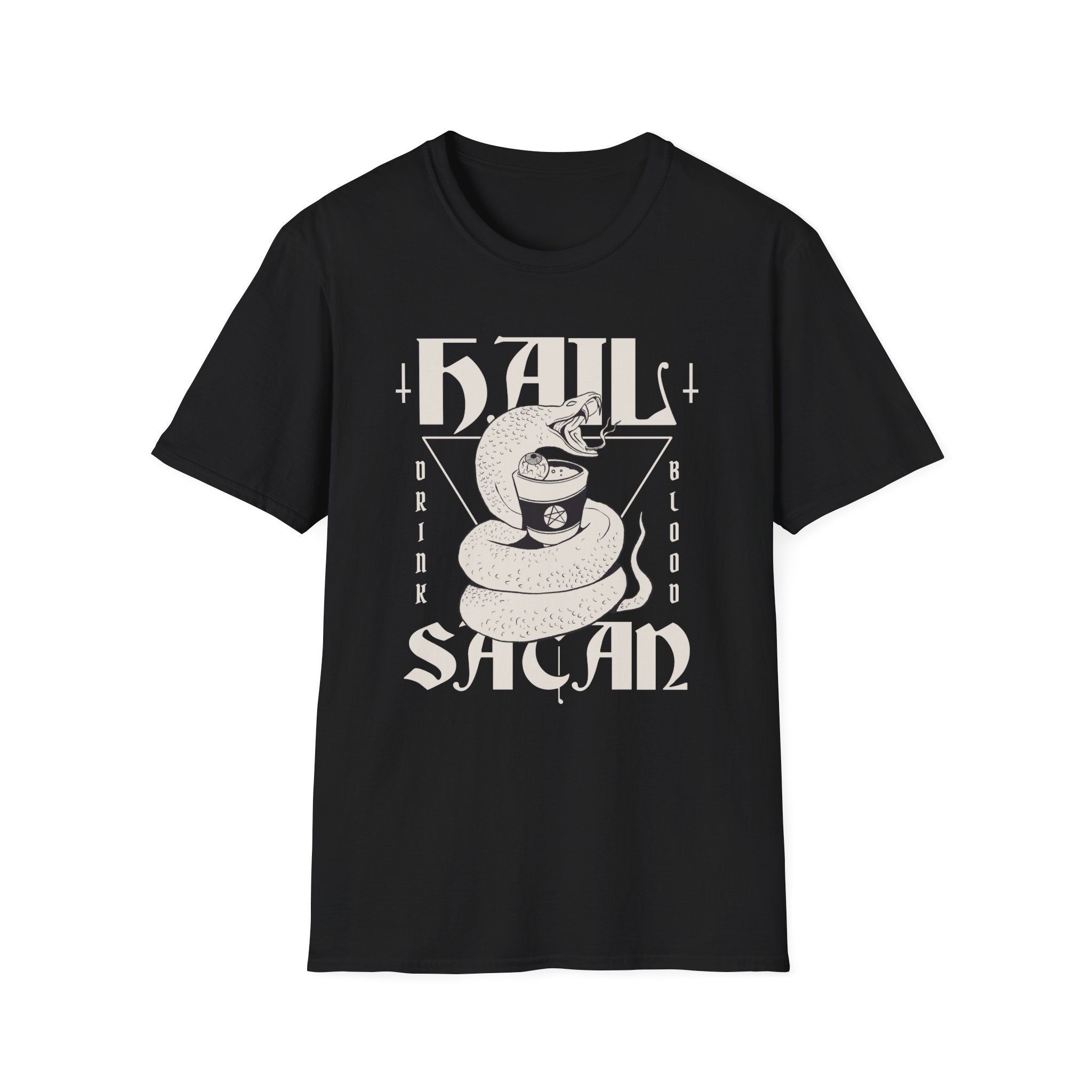 The Hail Satan T-Shirt showcases an edgy black design featuring a coiled snake holding a mug, accompanied by striking text that says "Hail Satan, Drink Blood." It's ideal for anyone looking to make a rebellious statement with their attire.