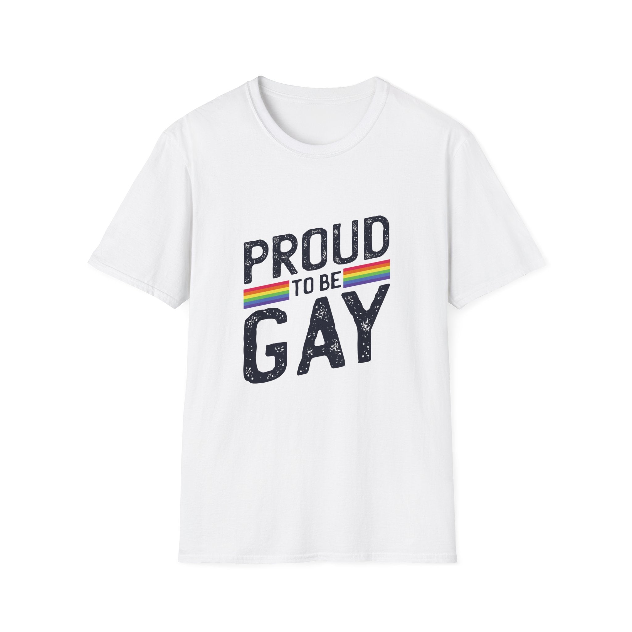 The Proud to be Gay T-Shirt is made from 100% cotton and features the striking phrase "Proud to be Gay," highlighted with a colorful rainbow stripe above.