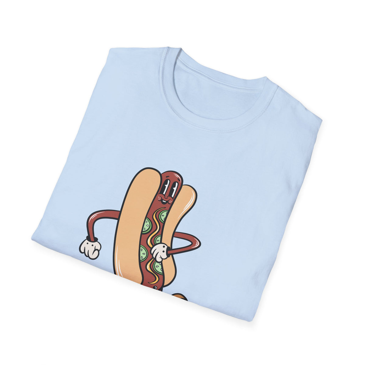 Hotdog Cartoon t-shirt in light blue, folded flat lay showing front print, funny foodie gift