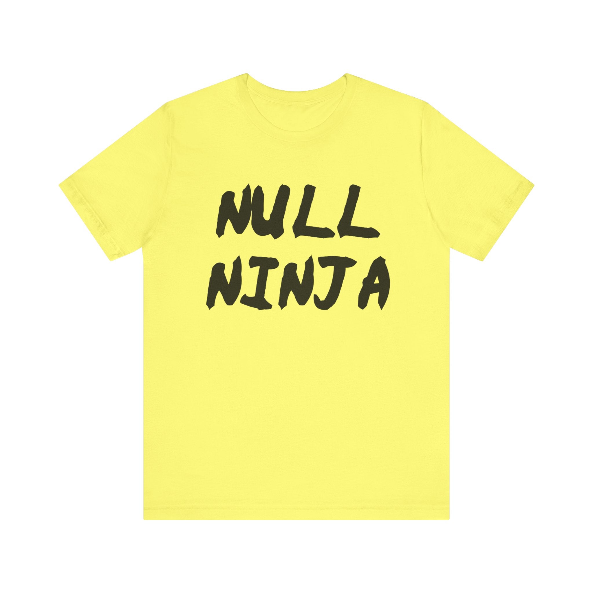 Yellow Null Ninja Tee Shirt with bold black lettering on the front, ideal for nerd culture fans.