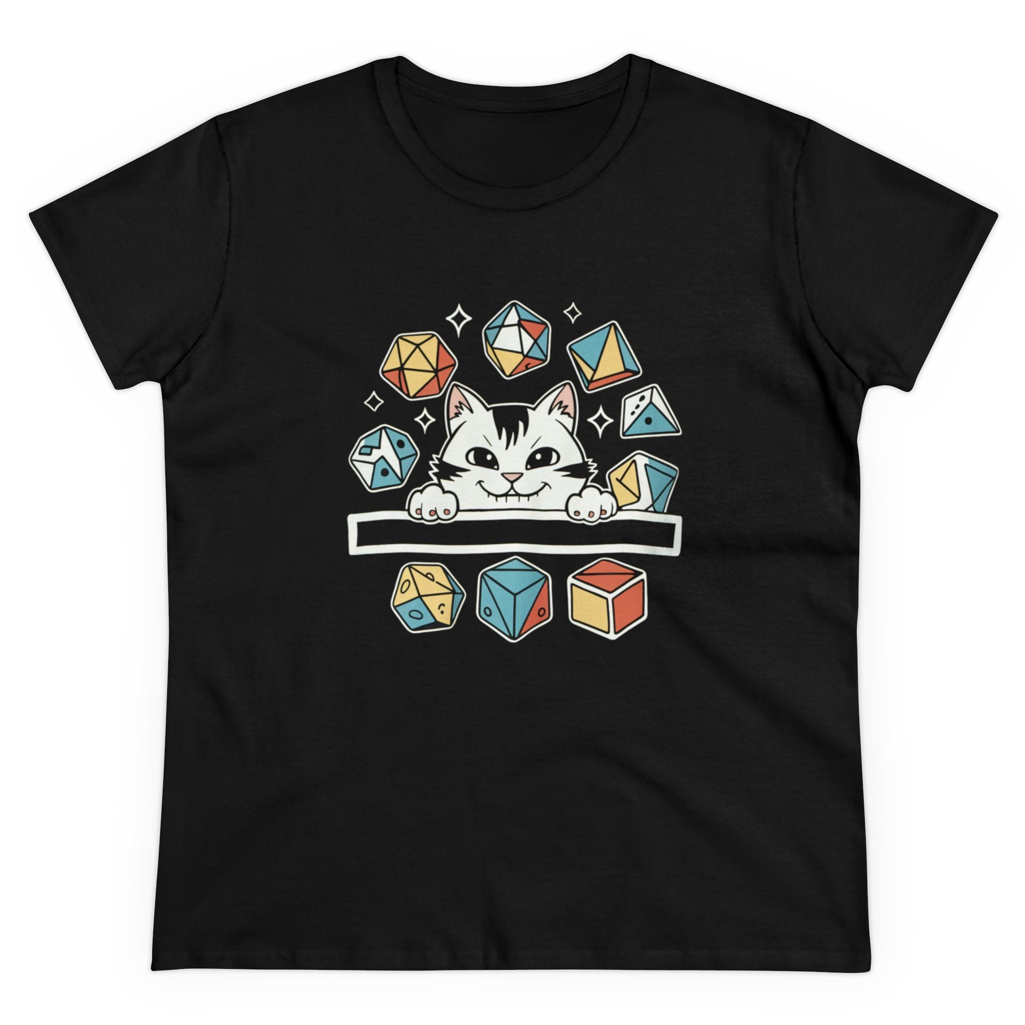 The Cat Dice - Women's Tee in black is adorned with a unique graphic of a cat peeking over a line, surrounded by various colorful dice. Ideal for cat and dice game enthusiasts, this shirt features distinctive Cat Dice designs on a white background.