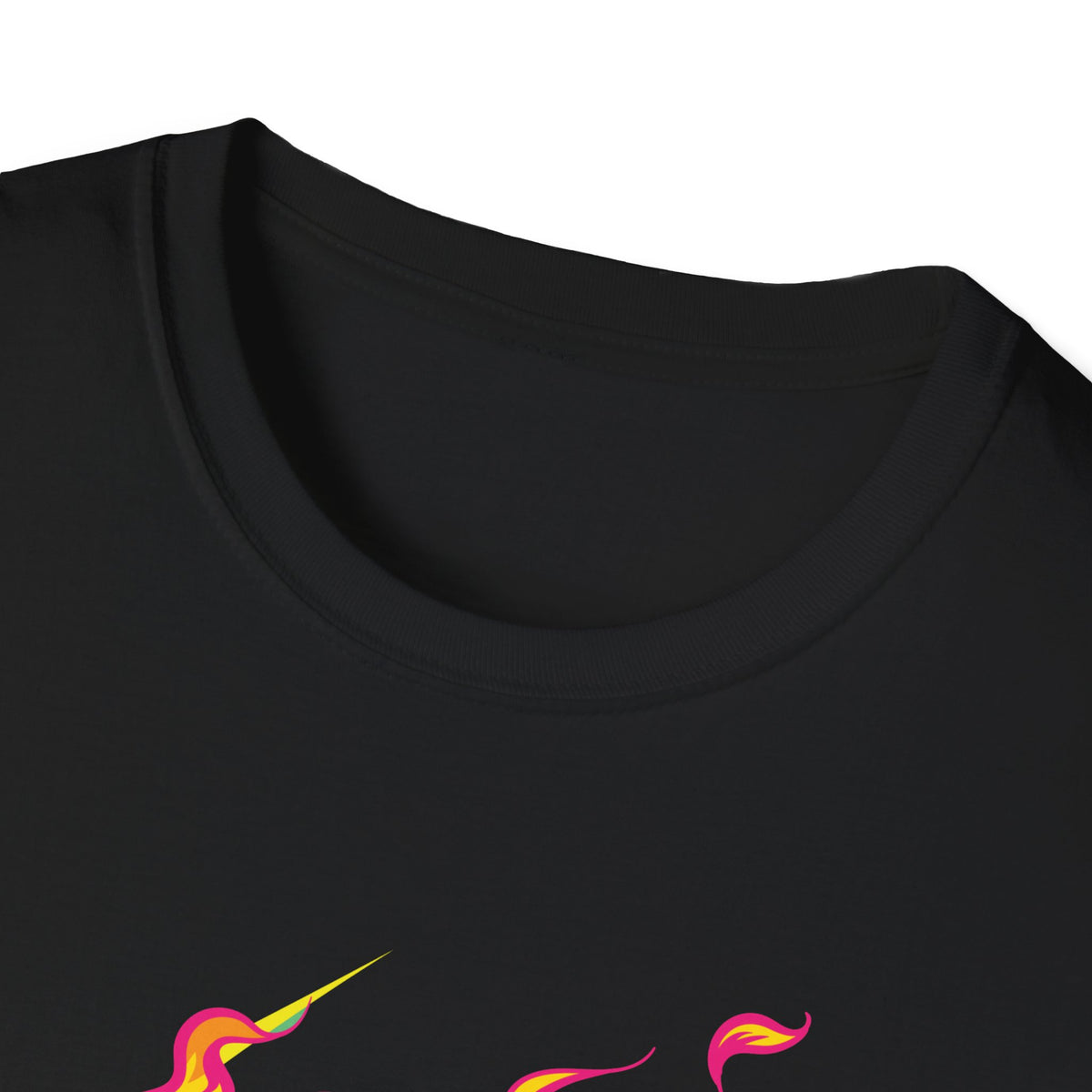Close-up of 'Skull in Flames' t-shirt neckline in black, funny gothic pop art shirt fabric detail
