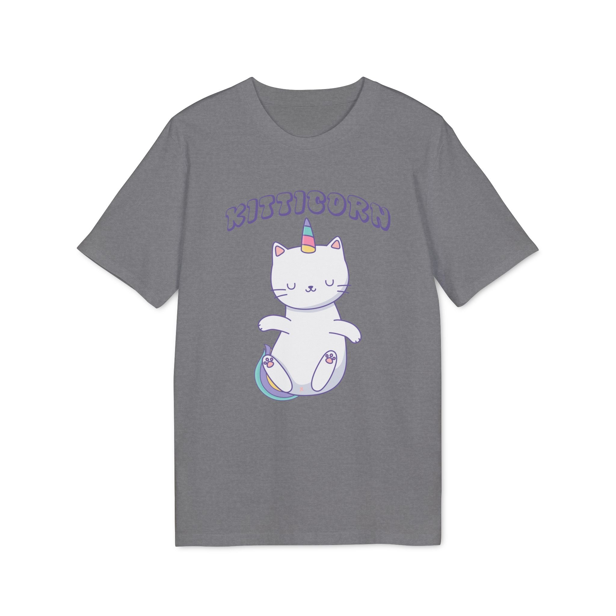 The Organic T-Shirt - Kitticorn Design features a gray tee with a cartoon cat sporting a unicorn horn and rainbow tail, captioned "KITTICORN"—a fun, unique gift for cat lovers.