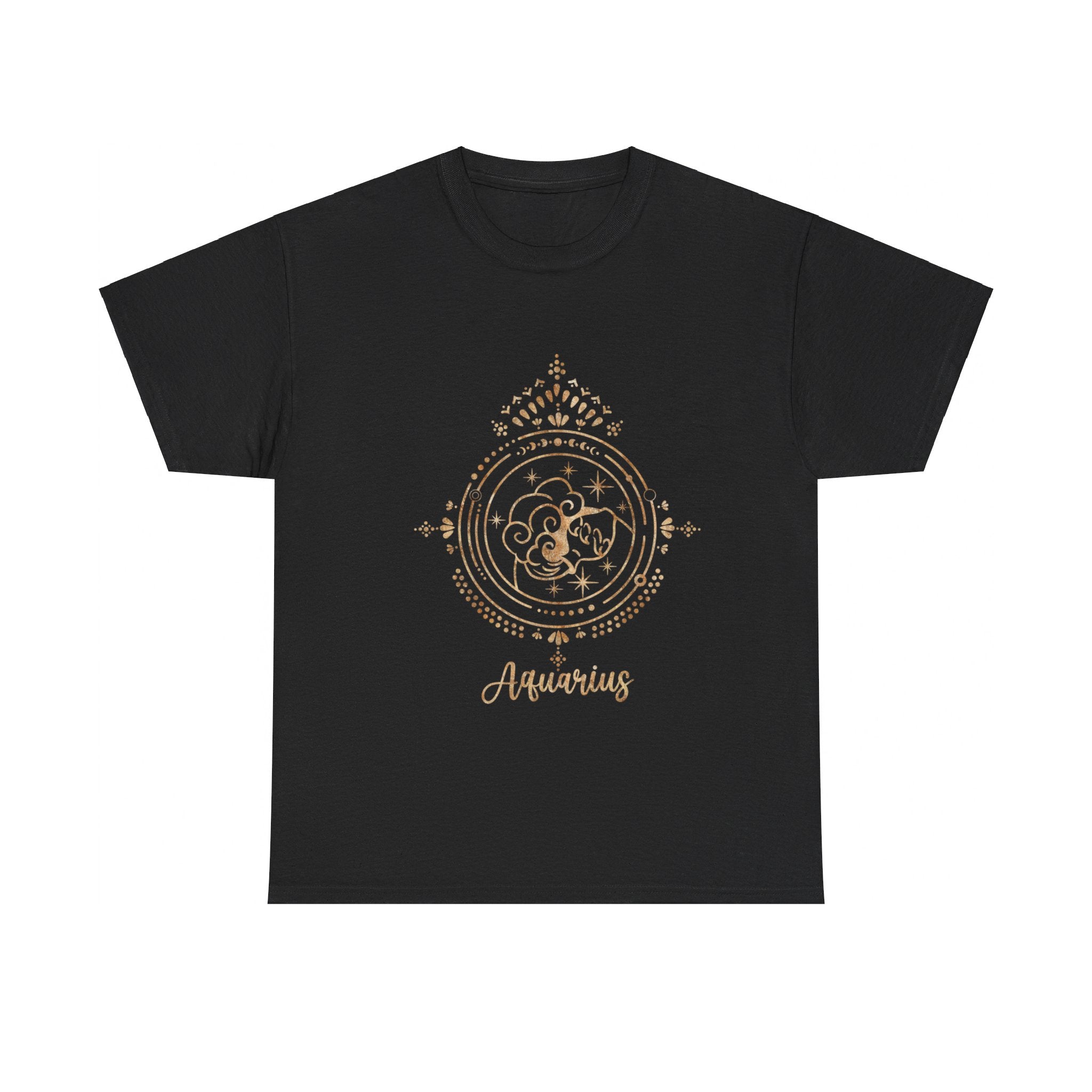 The Aquarius T-Shirt in cosmic black showcases a gold zodiac design with a circular motif and ornate details, ideal for the stargazing enthusiast.