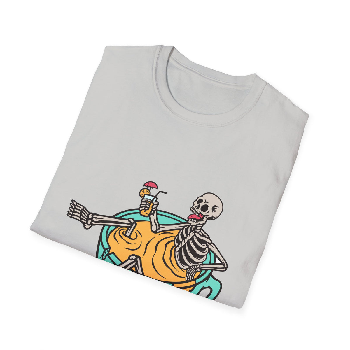 'Relaxing Skull' skeletons in a teacup print folded on light grey t-shirt, funny coffee lover gift